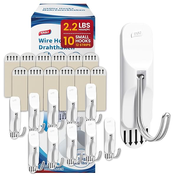TAILI Damage-Free Hanging Hooks,10 Small Utility Hooks and 2 Pcs Adhesive Strips, Holds up to 2.2 lb,No Tools Damage-Free Stick on Bathroom or Kitchen for Hanging Decorations,Organization-White