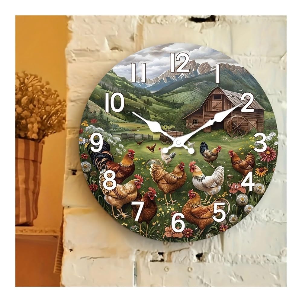 DFHS46JK Wall Decor Rustic Wooden Wall Clock Mountain Farmhouse and Chicken Design Round Silent Suitable for Living Room for living room decor(12 inch)