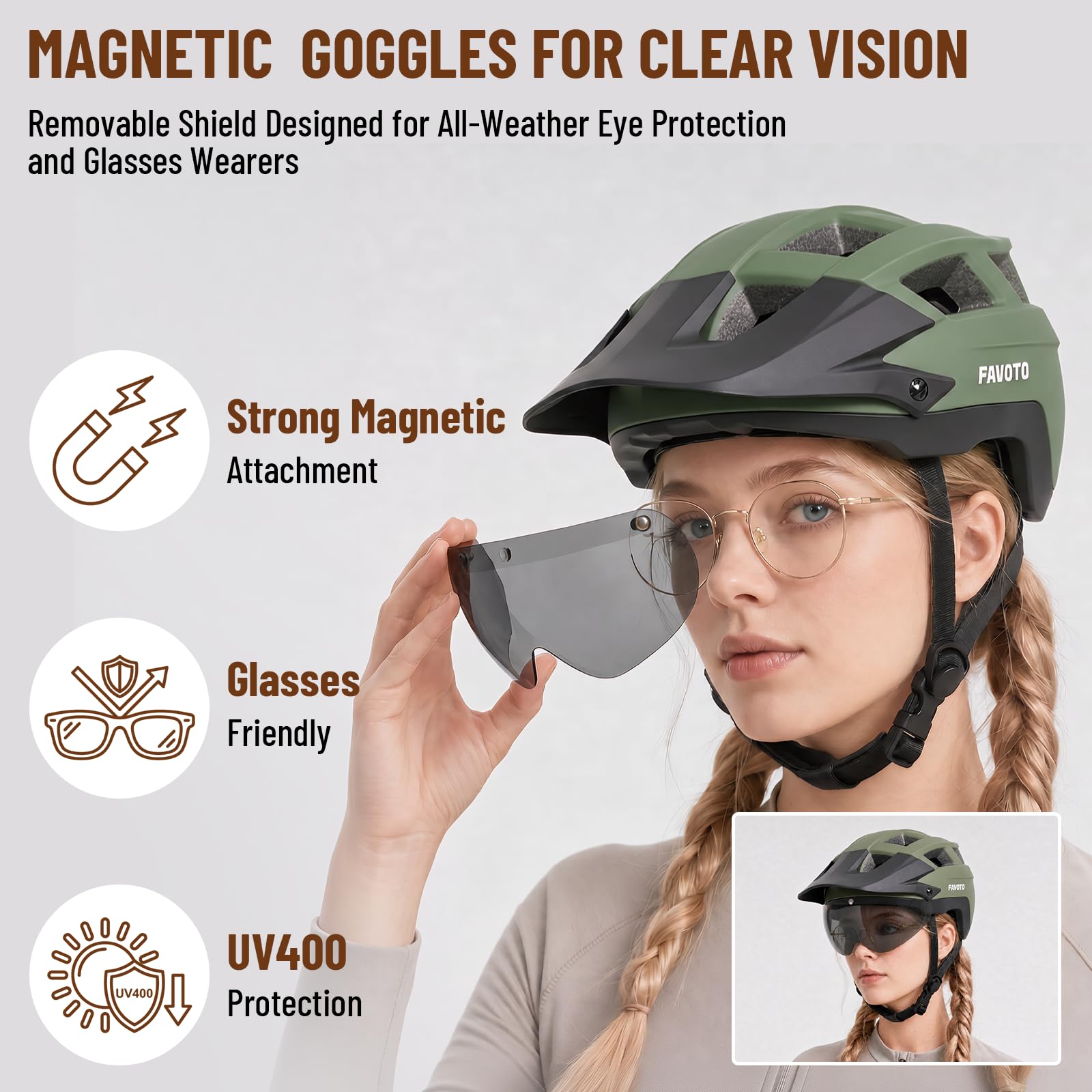 Favoto Casco de Bicicleta para Adultos para Ciclismo de Carretera y montaña, con luz Trasera LED Recargable USB, Gafas magnéticas y Visera Solar extraíble, Casco para Hombres y Mujeres