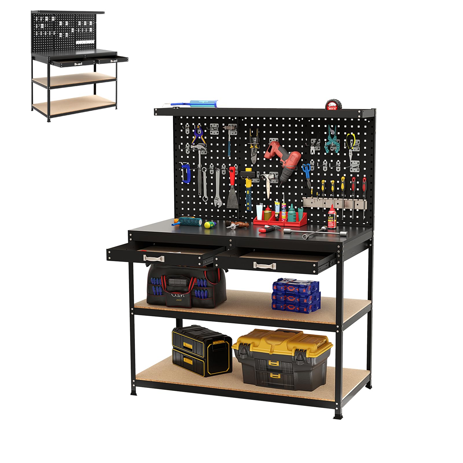 SOARS Werkbank mit Lochwänden, Werkzeugbank Metall mit 3 offenen Regalen & Zubehörteilen zum Aufhängen für Garage, Werkstatt (Schwarz, 121 x 61 x 156 cm)