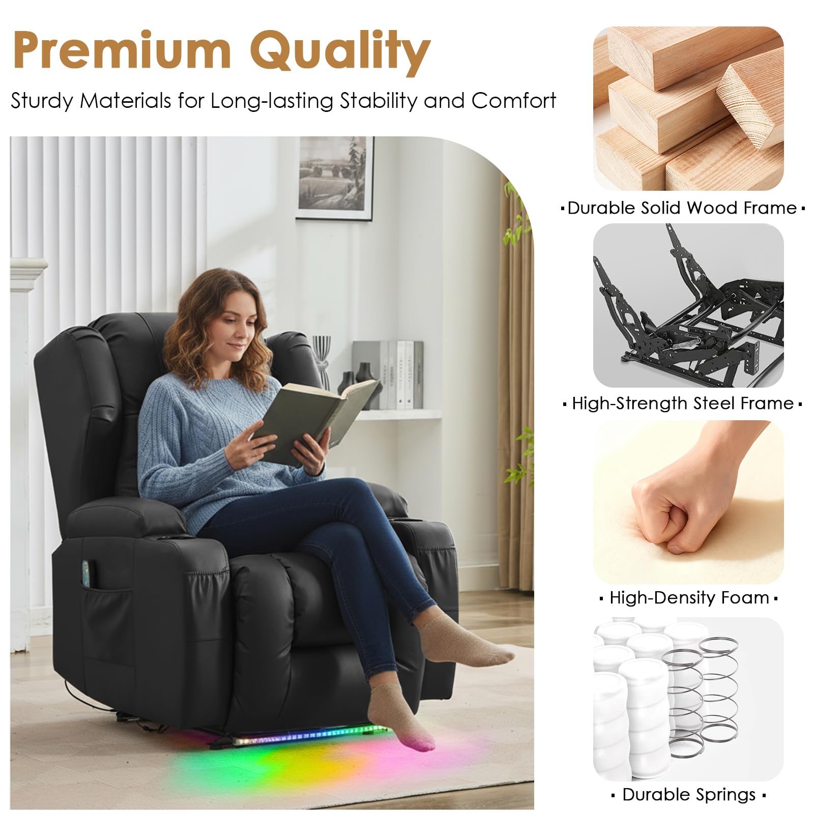 SAMERY Relaxsessel Elektrisch Massagesessel Fernsehsessel mit Liegefunktion Vibration Heizung, Relaxsessel & -liegen mit LED/USB, Kinosessel TV Sessel Wohnzimmer Schlafzimmer Schwarz 7815-3 Kartons
