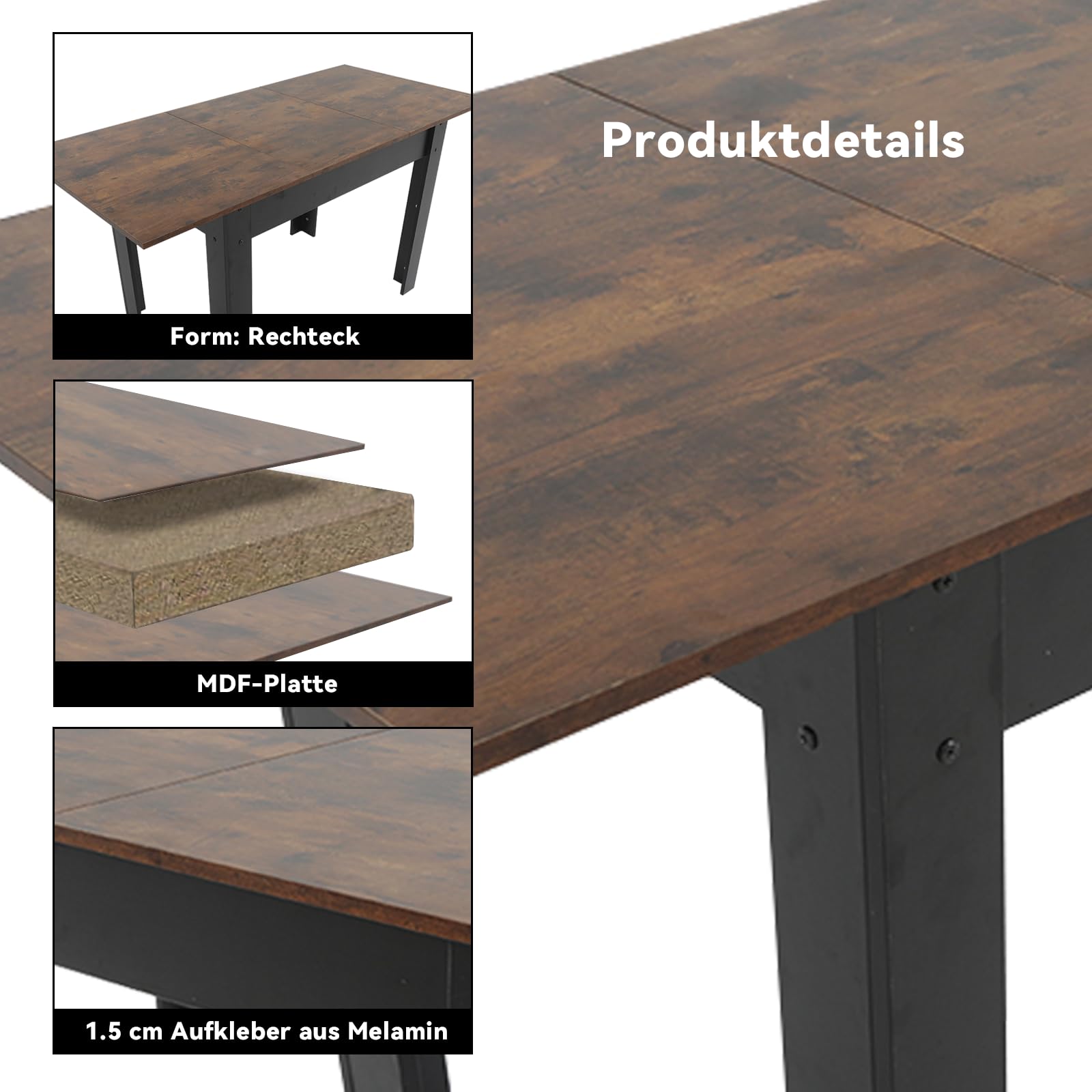ARTETHYS Esstisch Ausziehbar 105/150x70 cm, Industrieller Küchentische Esszimmertisch, Rechteckiger Tischplatte für 4-6 Personen, Holztisch mit Metallbeinen, Tisch für Esszimmer, Küche, Wohnzimmer
