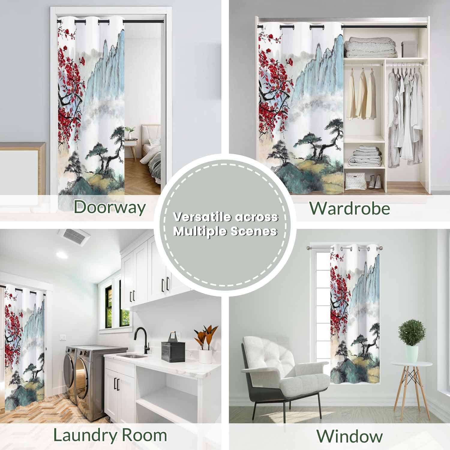 Chinese Painting Sliding Door Curtain Mountains Rivers Clouds Pines Doorway Privacy Blackout Curtain Door Dividers Closet Door Cover Curtain 34" W X 80" L,1 Panel