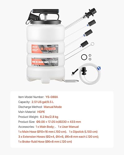 Miniatura 7 de VEVOR Extractor de fluidos, capacidad de 9.5 L, bomba extractor de aceite manual al vacío con caballo largo de 59 pulgadas y tres tubos de extensión