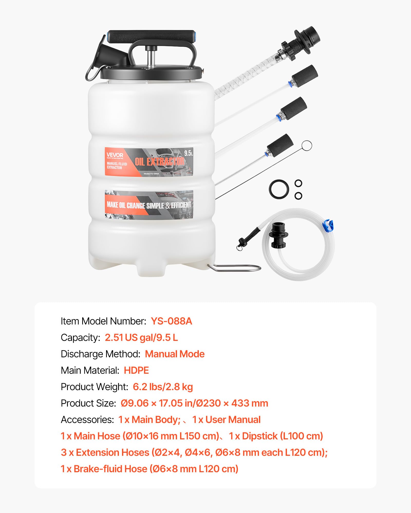 VEVOR Bomba de Líquido de Transmisión Manual Capacidad 9,5 L, Extractor de Aceite de Mano para Máquinas, con Manguera 150 cm Tubos de Extensión Adaptadores, Cambio de Aceite para Coches Barcos Motos
