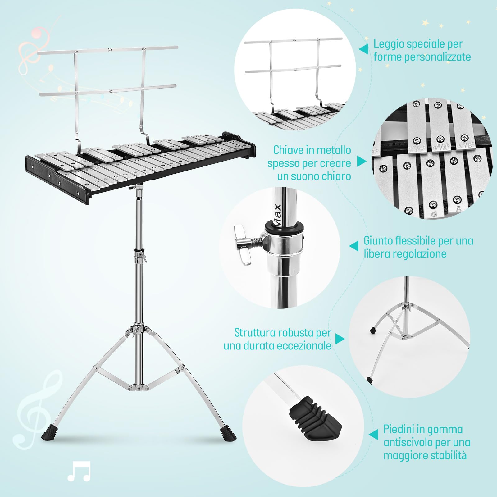 COSTWAY Set di Xilofono a 32 Note, Glockenspiel con Supporto in Metallo, Altezza Regolabile, Metallofono con Leggio per Spartiti, Mazzette, per Bambini e Adulti