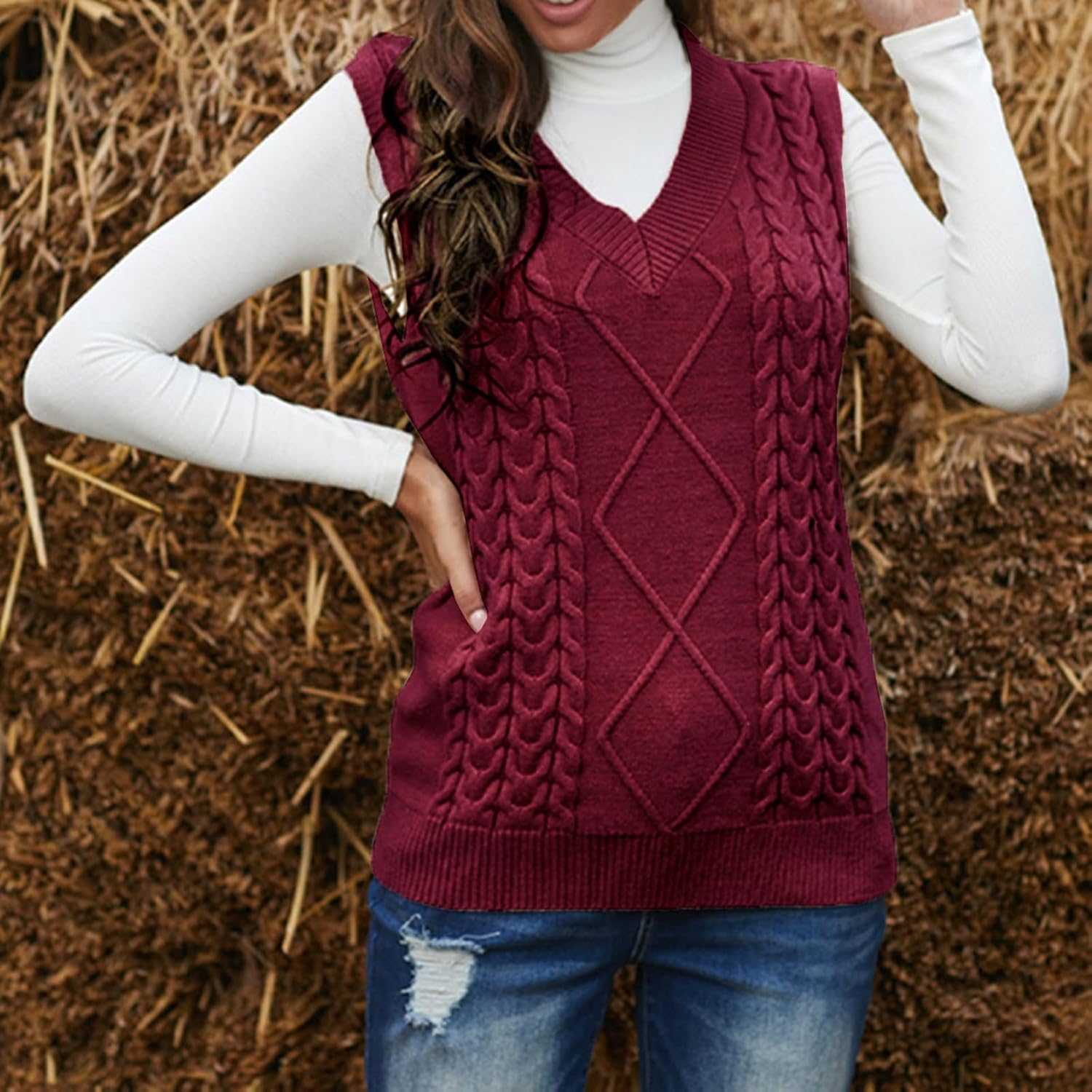 Hyipels Women's Sweater Vest,Long Cable Loose Knitted Sleeveless V Neck Casual Sweaters Tank Top S~XL - Image 7