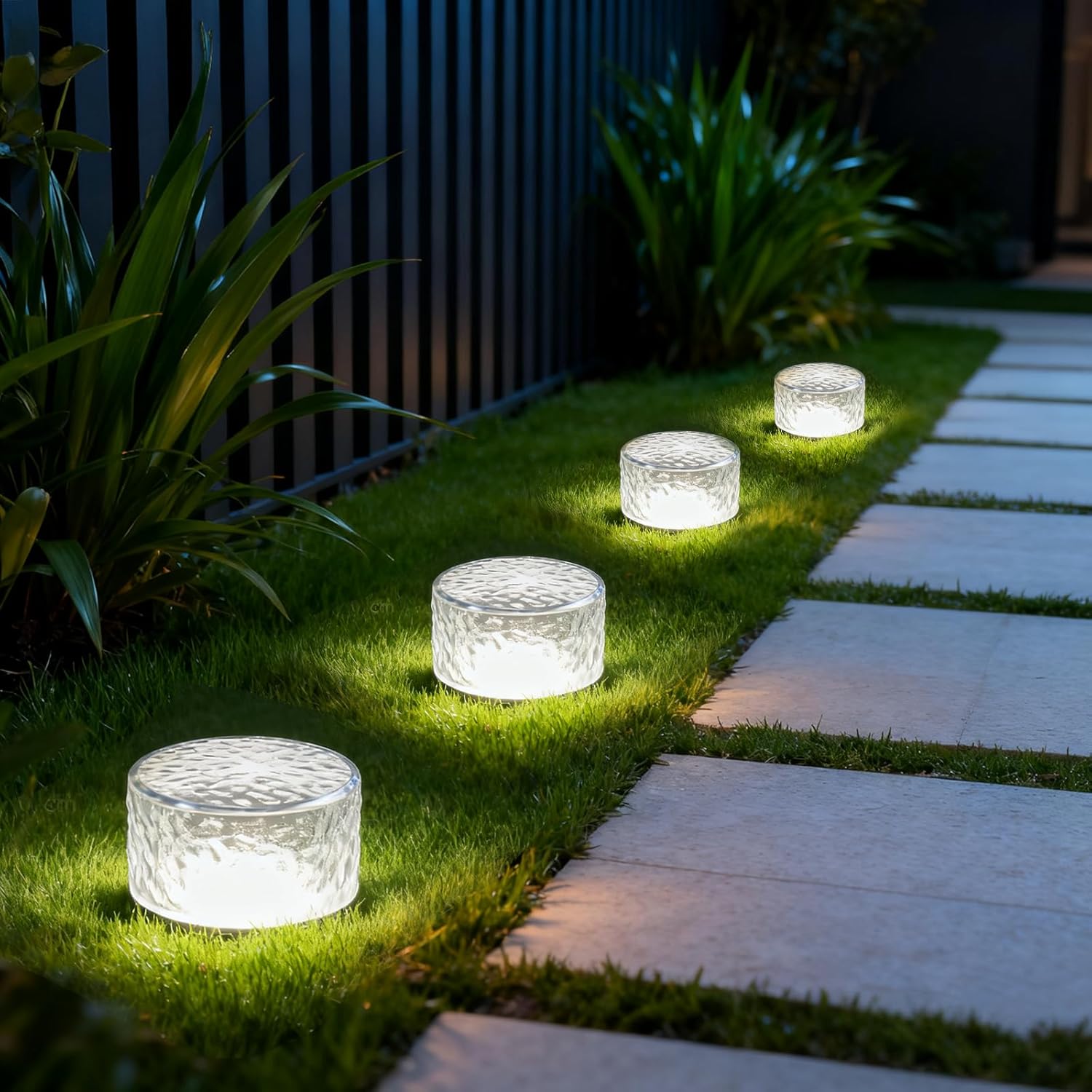 4 Packs Solar Ice Cube LED Light, Solar Wireless Paver Lights, 4×2.2 inch Rock Lights with 6 LED for Patio, Yard, Walkway, Pathway Decor (Circle-Cold White)