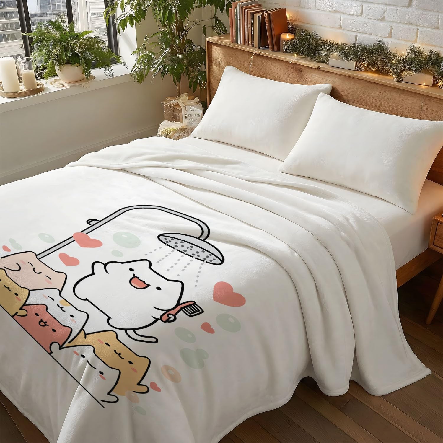 Koc flanelowy, koc do przytulania, 150 cm x 200 cm, kreskówka, minimalistyczna głowa prysznicowa, kot, super miękki, ciepły, puszysty koc z nadrukiem, koc z mikrofibry, biały koc na sofę