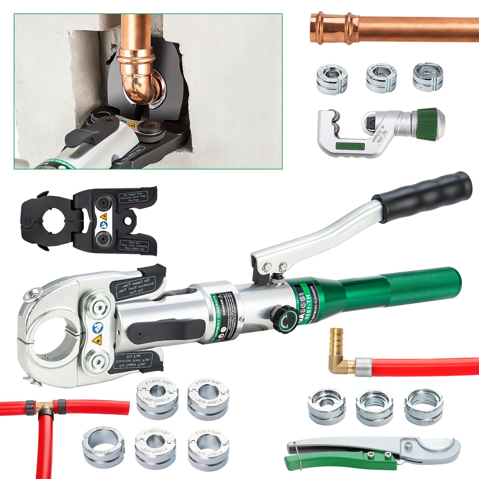 Hydraulic Pipe Tube Fittings Crimping Tool with Multi-directional Jaw and Dies for 1/2", "3/4", "1" Copper Pipe and F877 Stainless PEX Press Sleeves