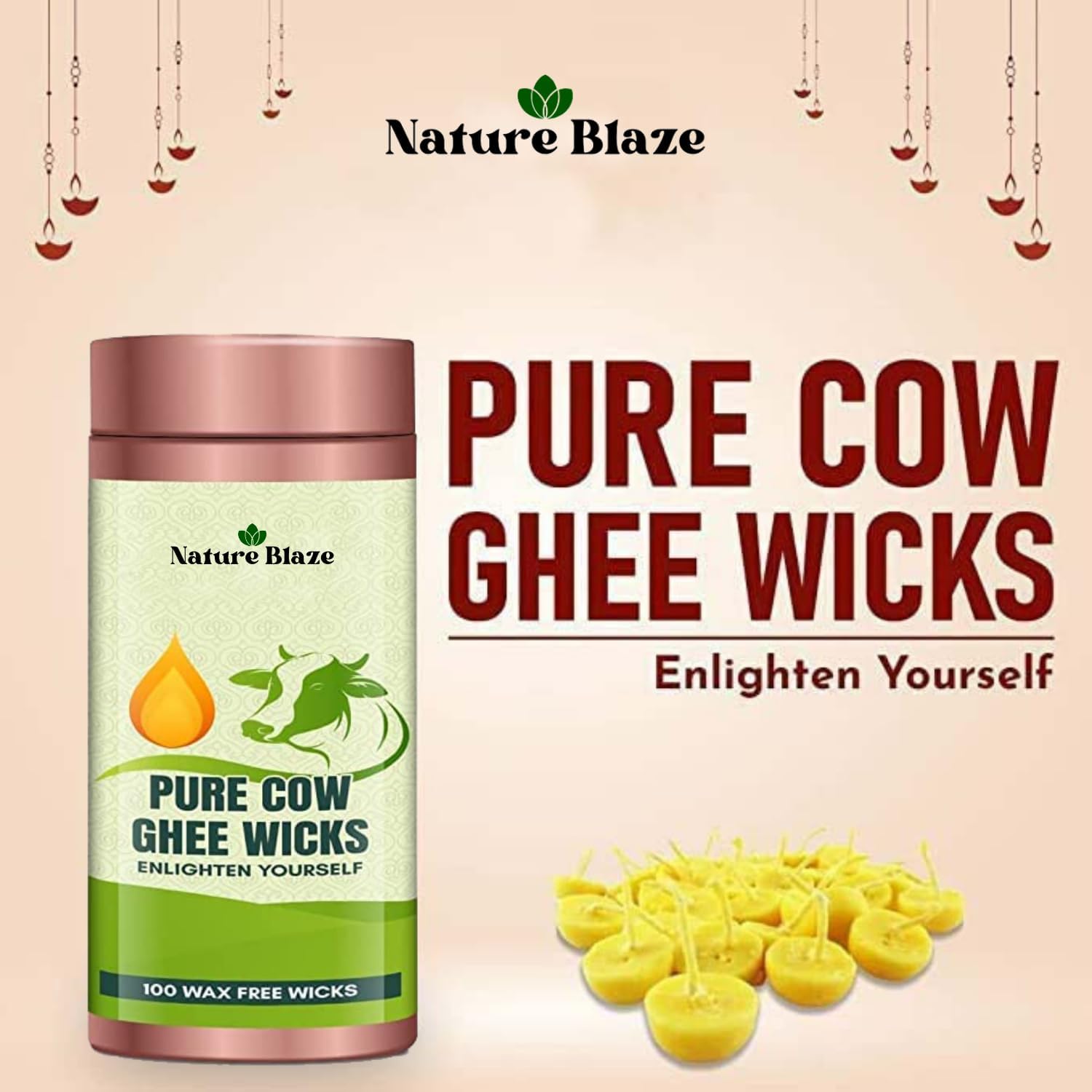 Nature Blaze Ghee Wicks Diya Batti | Wax Free Ghee Wicks for Pooja, Festival and Occasions 100 Pieces (Cow Ghee Wicks in Tin Box)