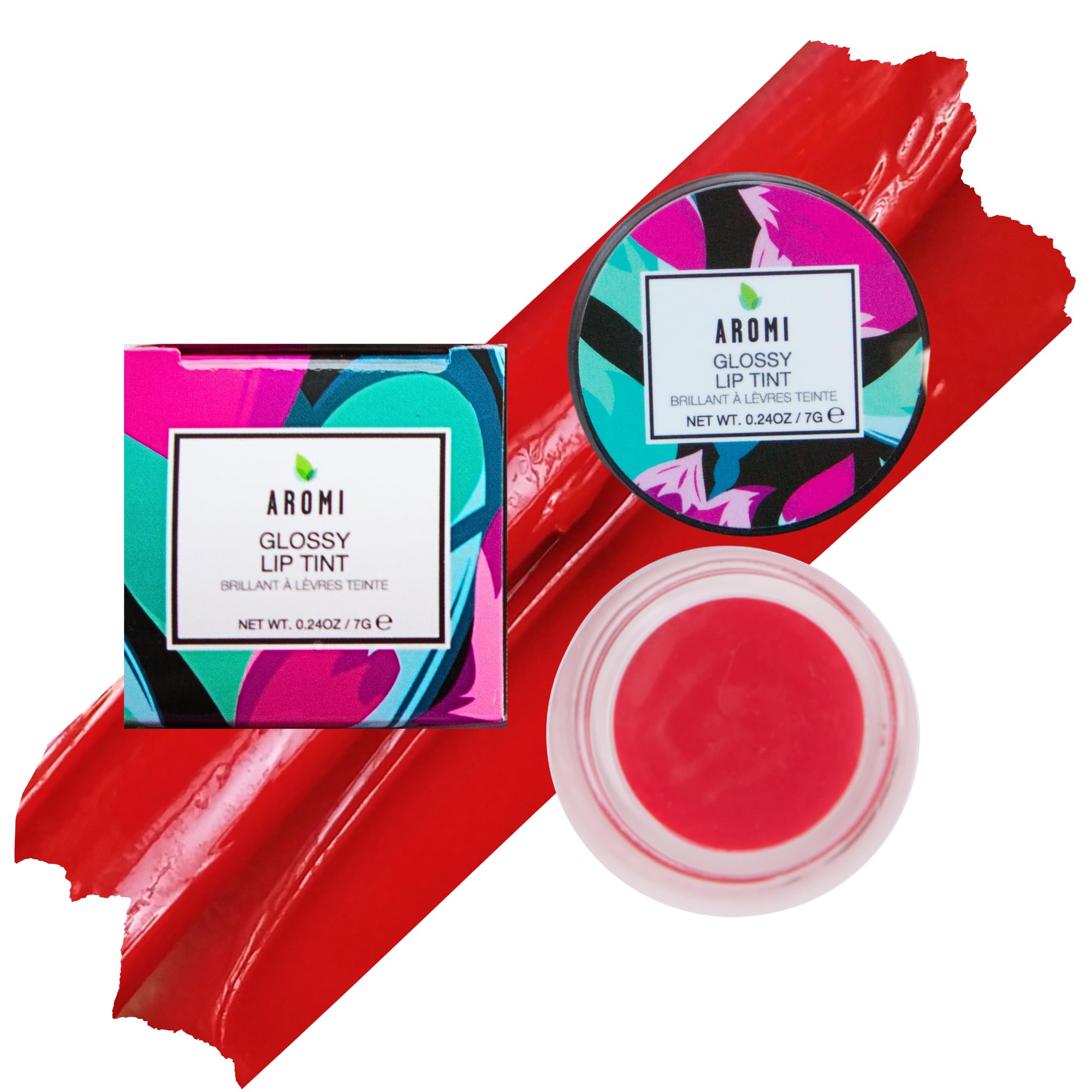 Aromi Glossy Lip Tint in Pot Hydrating Lip Gloss Color Sheer Bright Red Shade Vegan Cruelty-free Moisturizing Non-Sticky