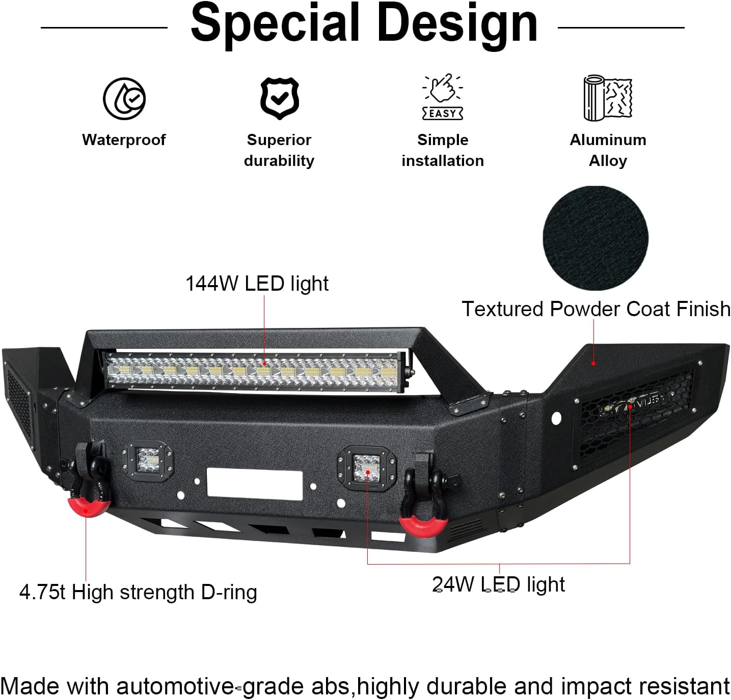 Front Bumper Texture Black Compatible with 2022 2023 2024 Toyota Tundra w/Winch Plate & 5 Aluminum Lights & 2 4.75T D-Rings