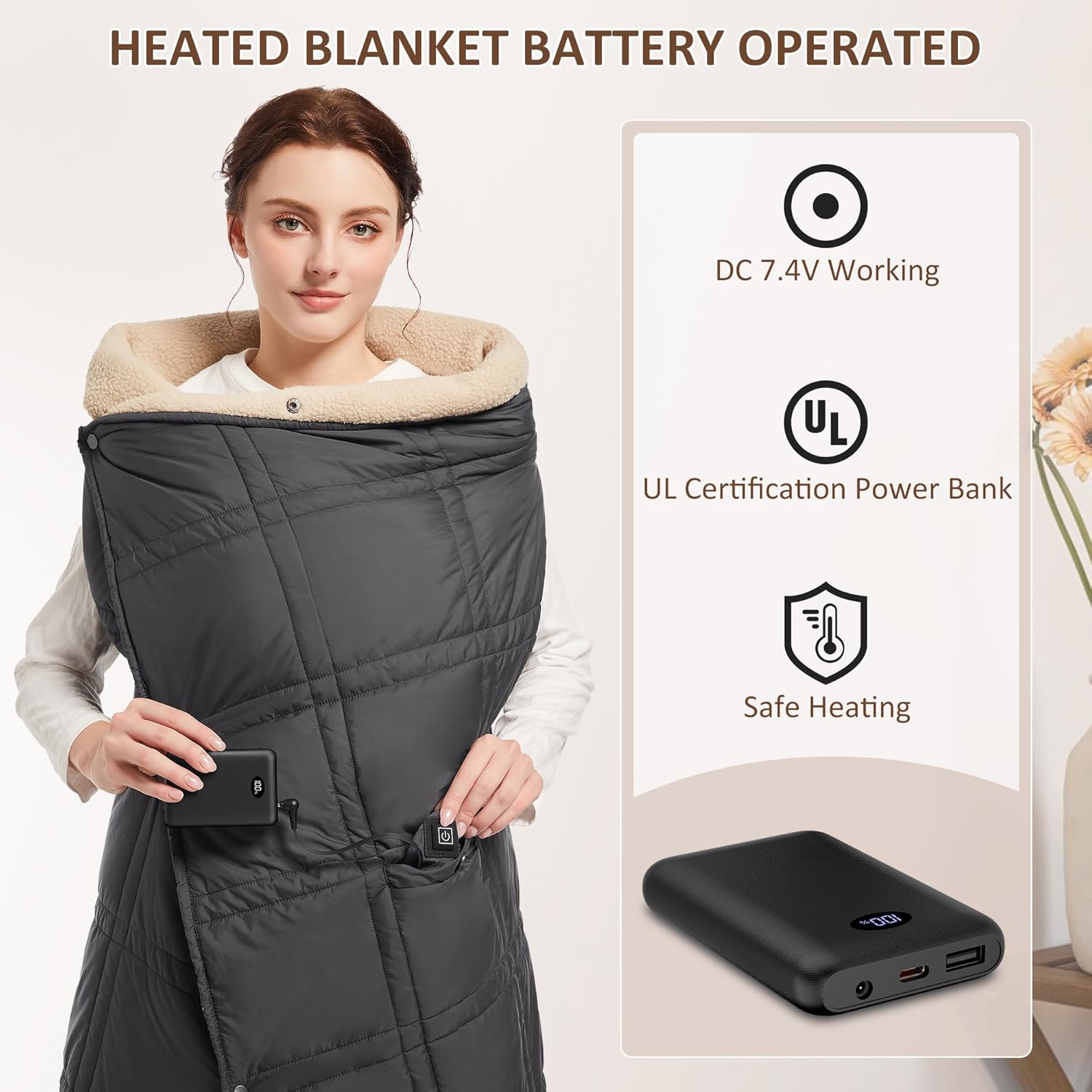 FERNIDA Heated Blanket Battery Powered, 59" x 47" Cordless Electric Heated Blanket with Battery Rechargeable Portable Heating Blanket for Camping Home Car