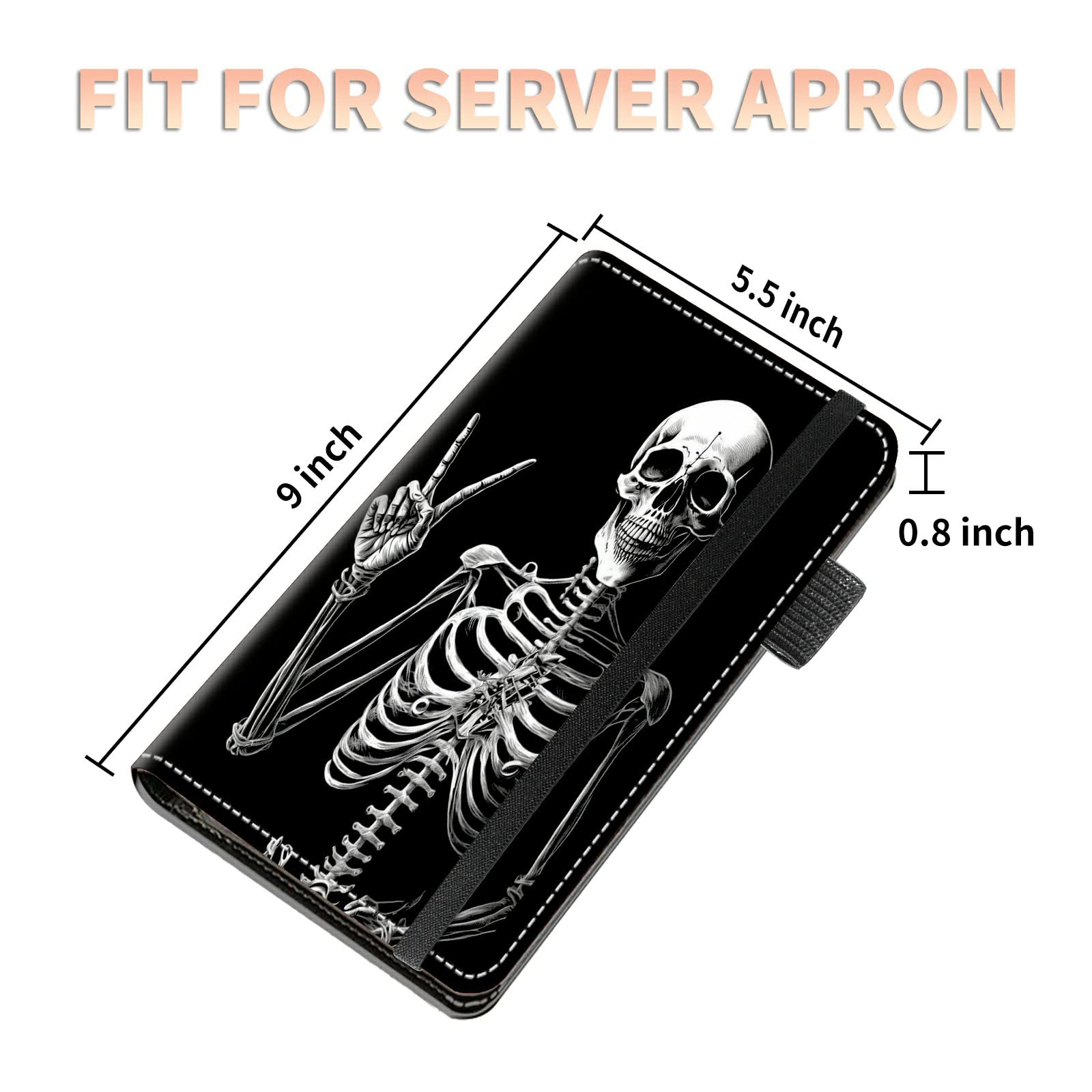 High Volume Server Books, Skull Funny Server Book w/ 2 Expandable Pockets 9 x 5 Cute Waitress Book Zipper Pocket & Strap Closure Waitstaff Organizer Server Booklet Waiter Money Wallet