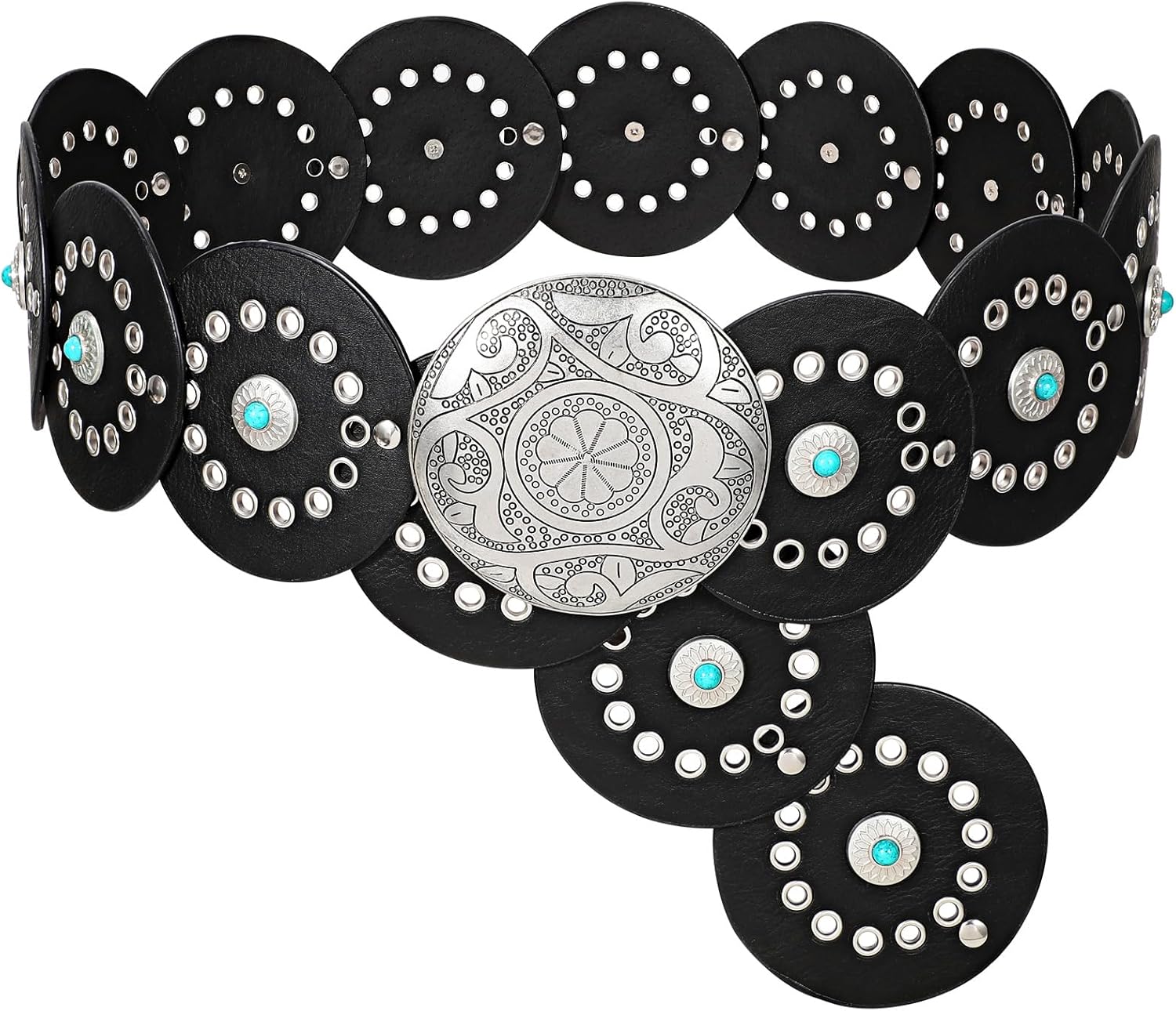 XZQTIVE Western PU Leather Belts for Woman Concho Cowgirl Cowboy Disc Belt for Ladies Wide Boho Country Waist Belts for Dress