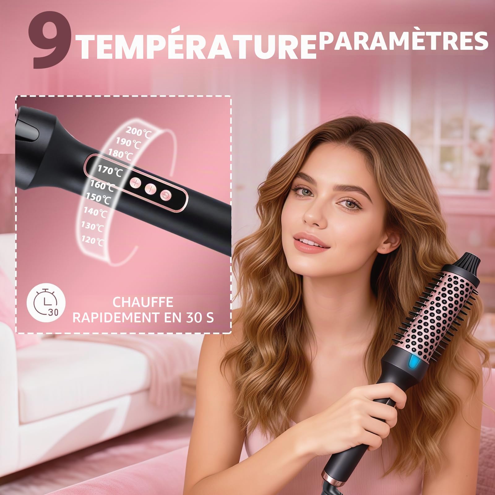 Brosse Chauffante Céramique, 38 mm Thermal Brush 3 in 1, LCD 100-210 °C,Lissage, Boucles Souples, Volume, Design Ionique Anti-Frisottis,5 Réglages de Température,Chauffage Rapide (Style 1)