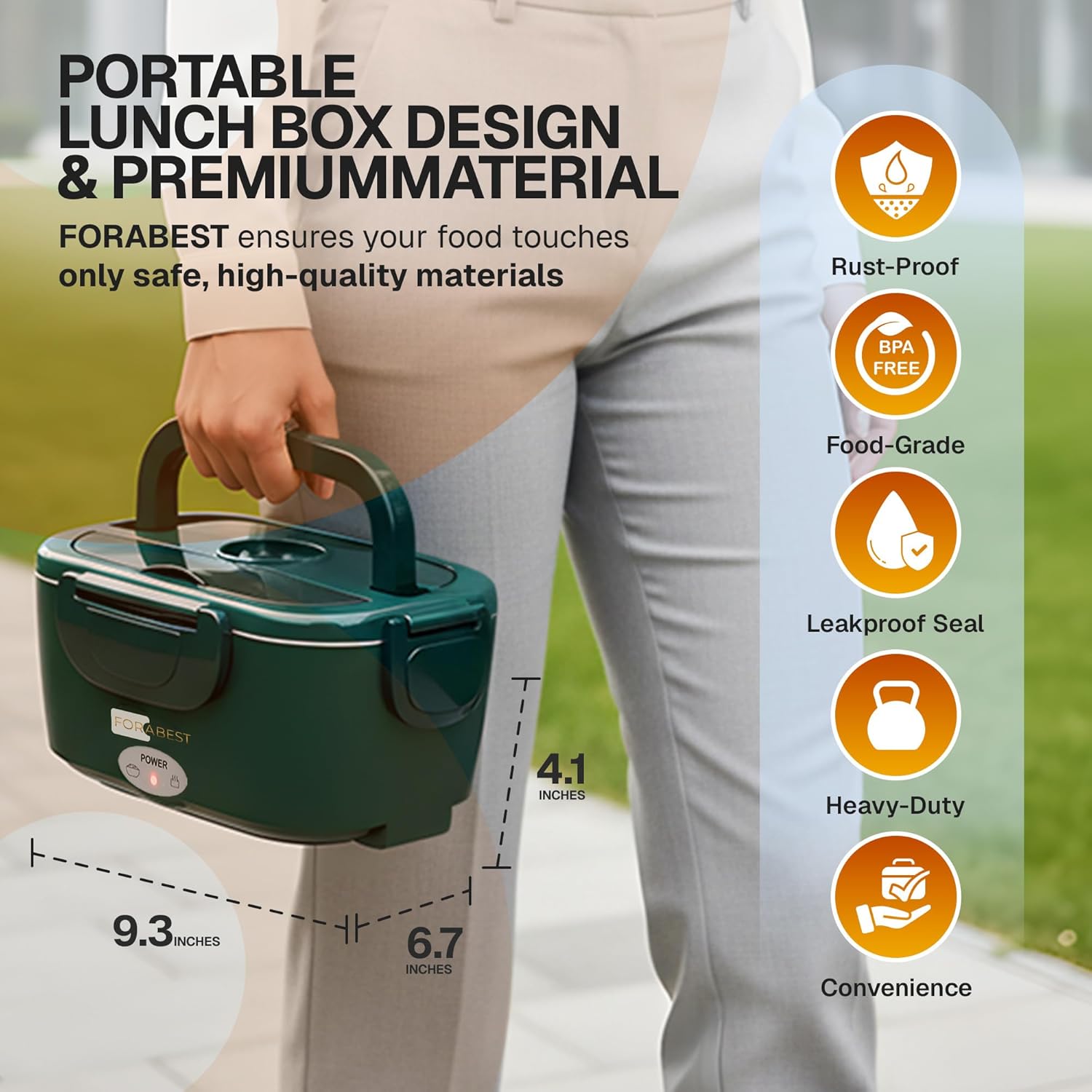 FORABEST Heated Lunch Box - 80W Electric Lunch Box - Portable Food Warmer with 1.5L Stainless Steel Container, Carry Bag & Leakproof Lid - 12V/24V Car/Truck & 110/220V Home/Office - Army Green