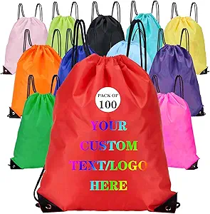 Custom Bags With Your Logo Set of 100 Custom Backpack Draw String Bags Pack Bulk for Travelling Swimming Gym Everyday Use (Red)