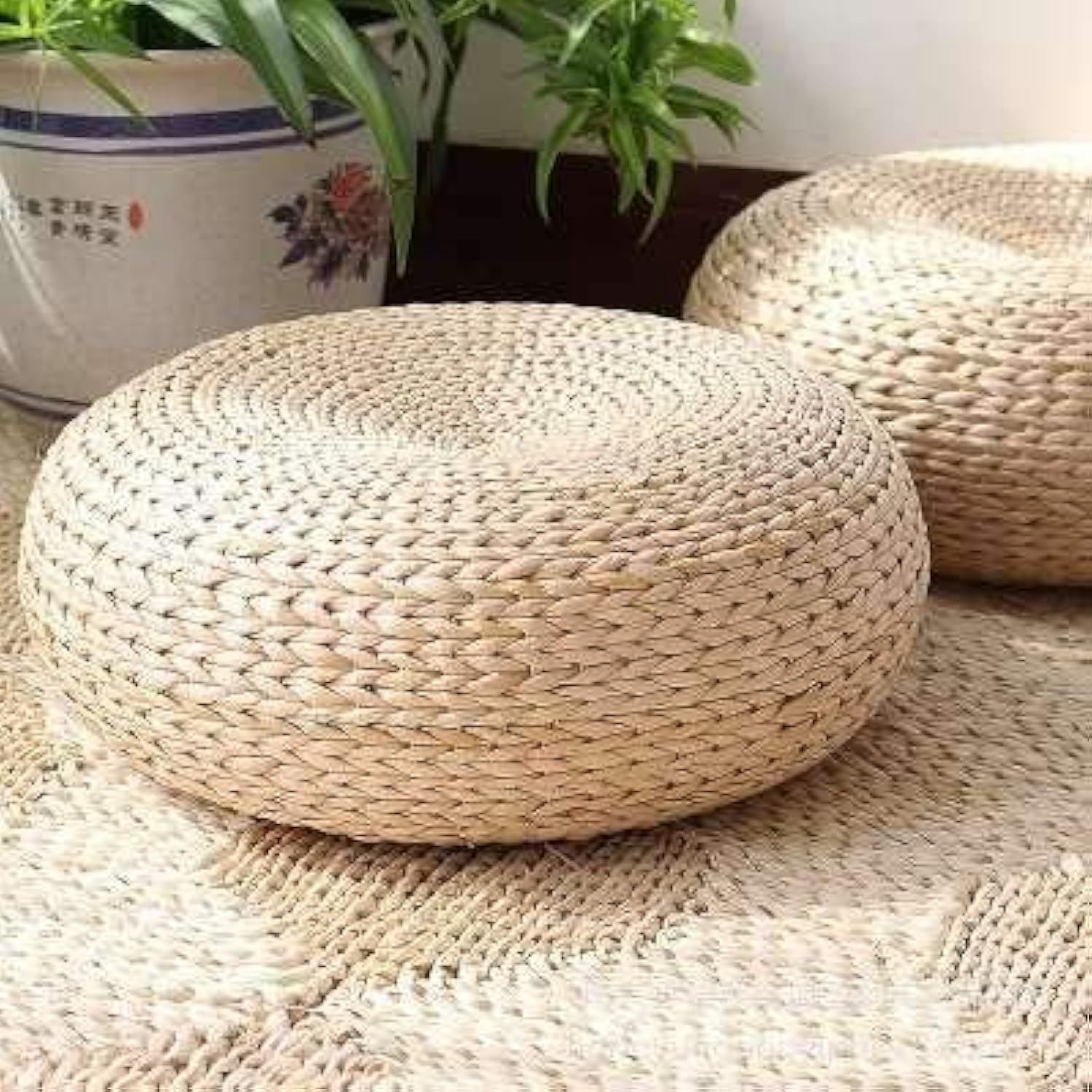 Handmade Straw Floor Pouf Seat Cushion Ottoman for Yoga Meditation Zen - Breathable 19.7" Dia x 6.7" H Natural Straw Mat