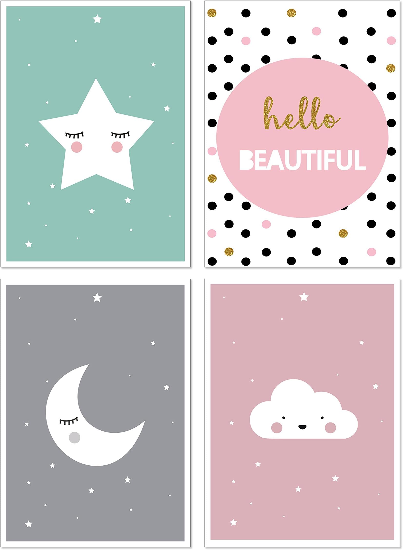ANBER Cute Moon Star Cloud Wall Art Canvas Nordic Posters Nursery Prints for Baby Room Painting Picture Kids Bedroom Decoration, Set of 4 Unframed