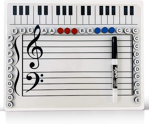 Music Grand Staff - Pizarra magnética de borrado en seco, dos lados, incluye 35 imanes de colores (5 de cada uno A-G) + marcador de borrado en seco