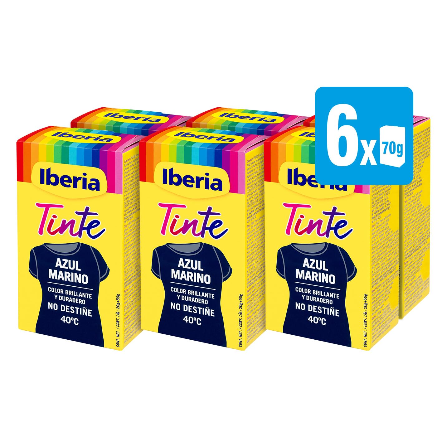 Iberia - Tinte Para Ropa Color Azul Marino, Color Brillante y Duradero, No Destiñe, Incluye Cubeta con Fijador y Dos Sobres de Tinte, Apto Para Teñir en Lavadora y A Mano - Pack 6 x 70 g