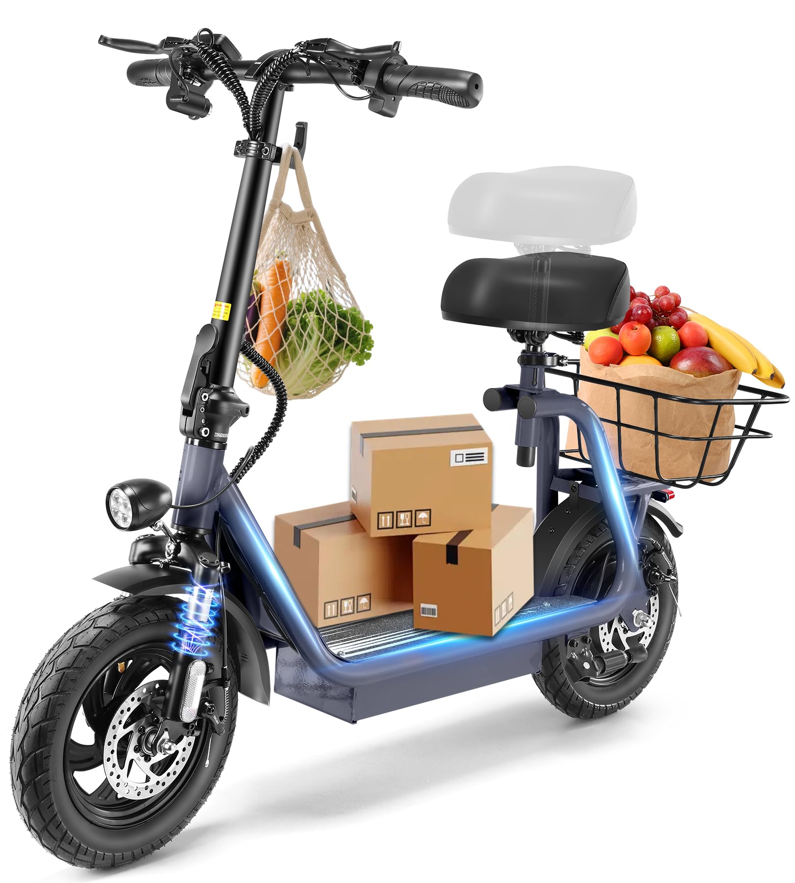 CaromaPeak 800W/1200W Electric Scooter Adults, 30 Miles Max Range, Foldable Electric Scooter with Seat, Front Suspension, Detachable Large Basket,Commuter E-Scooter for Adult and Teens