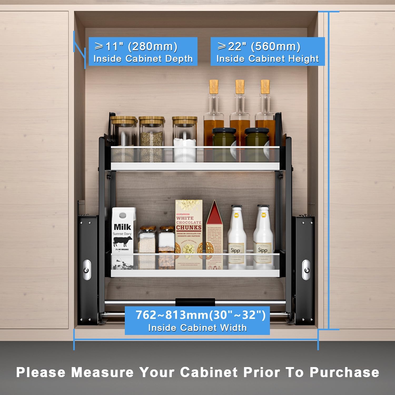 Slideep Pull Down Shelf for Kitchen Upper Cabinet, Heavy Duty Labor-Saving Storage Rack Spice Racks, Adjustable Width of 30-32 Inch, Black