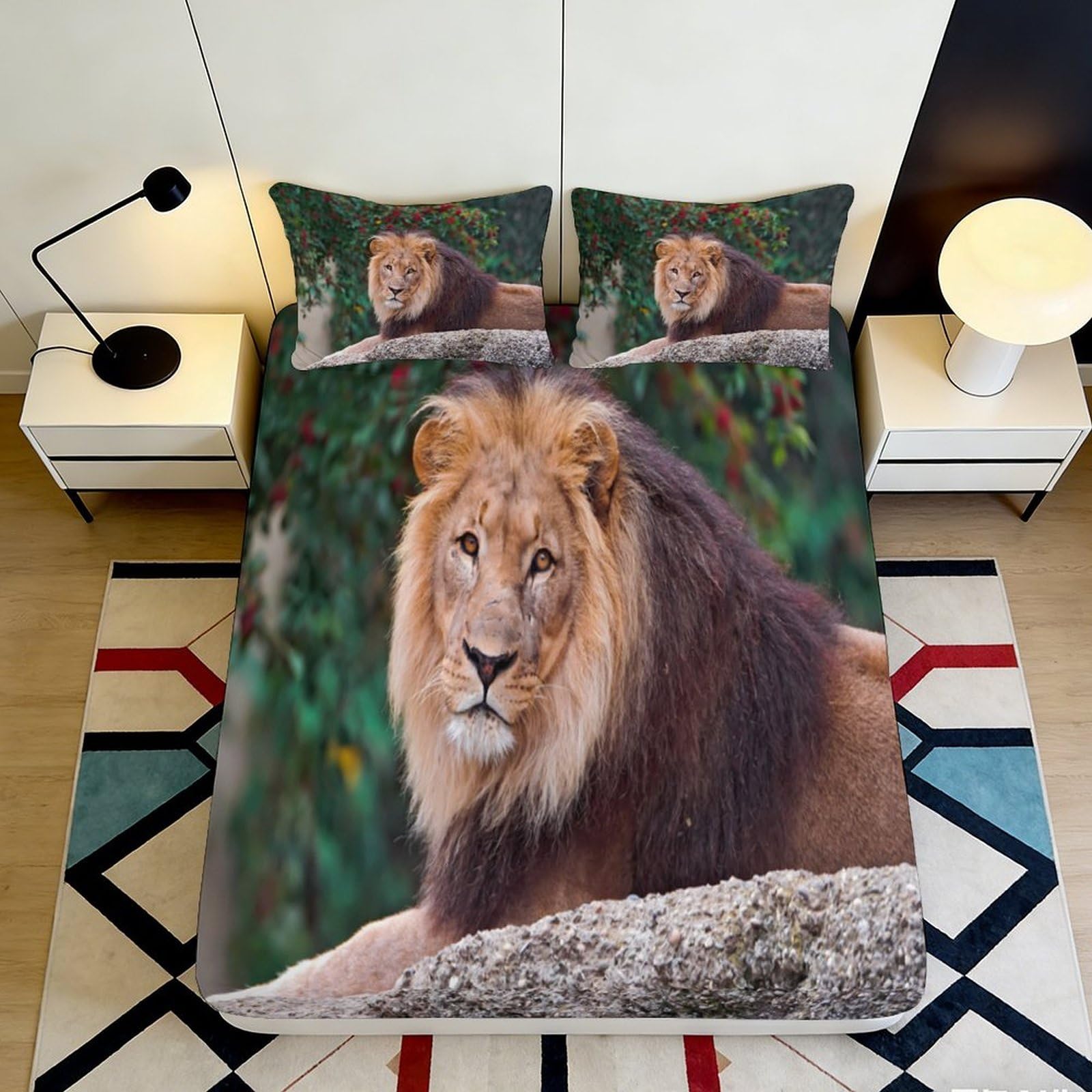 3D Printed Lion Pattern Fitted Sheet Microfiber Deep Pocket Bedroom Bedding Lion Mattress Fitted Cover Non-Slip Elastic Hem for Adults Teens 90x200x25cm