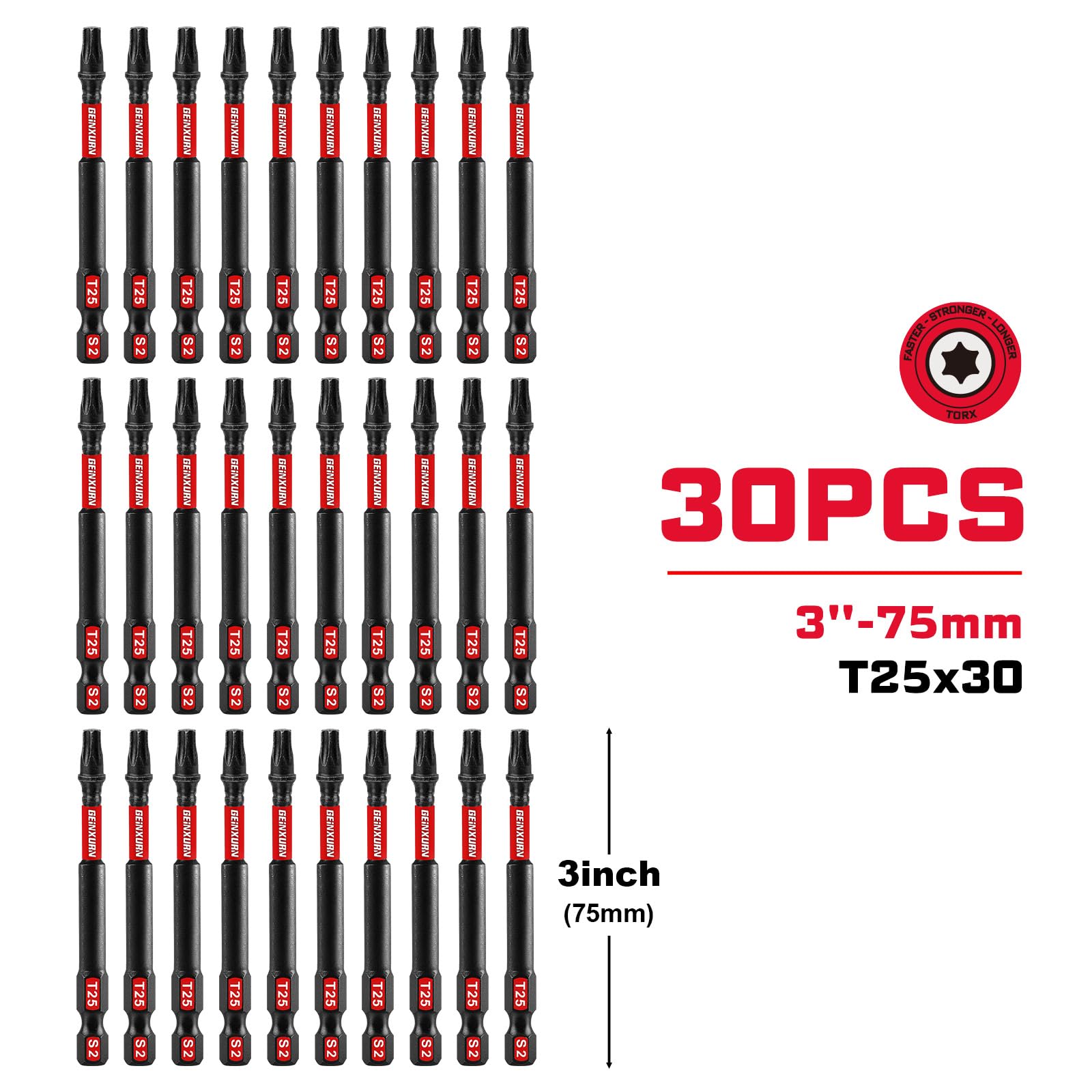 GEINXURN 30 piezas T25 de 3 pulgadas. Juego de puntas de destornillador T25 de acero de aleación S2 T25 magnéticas #25