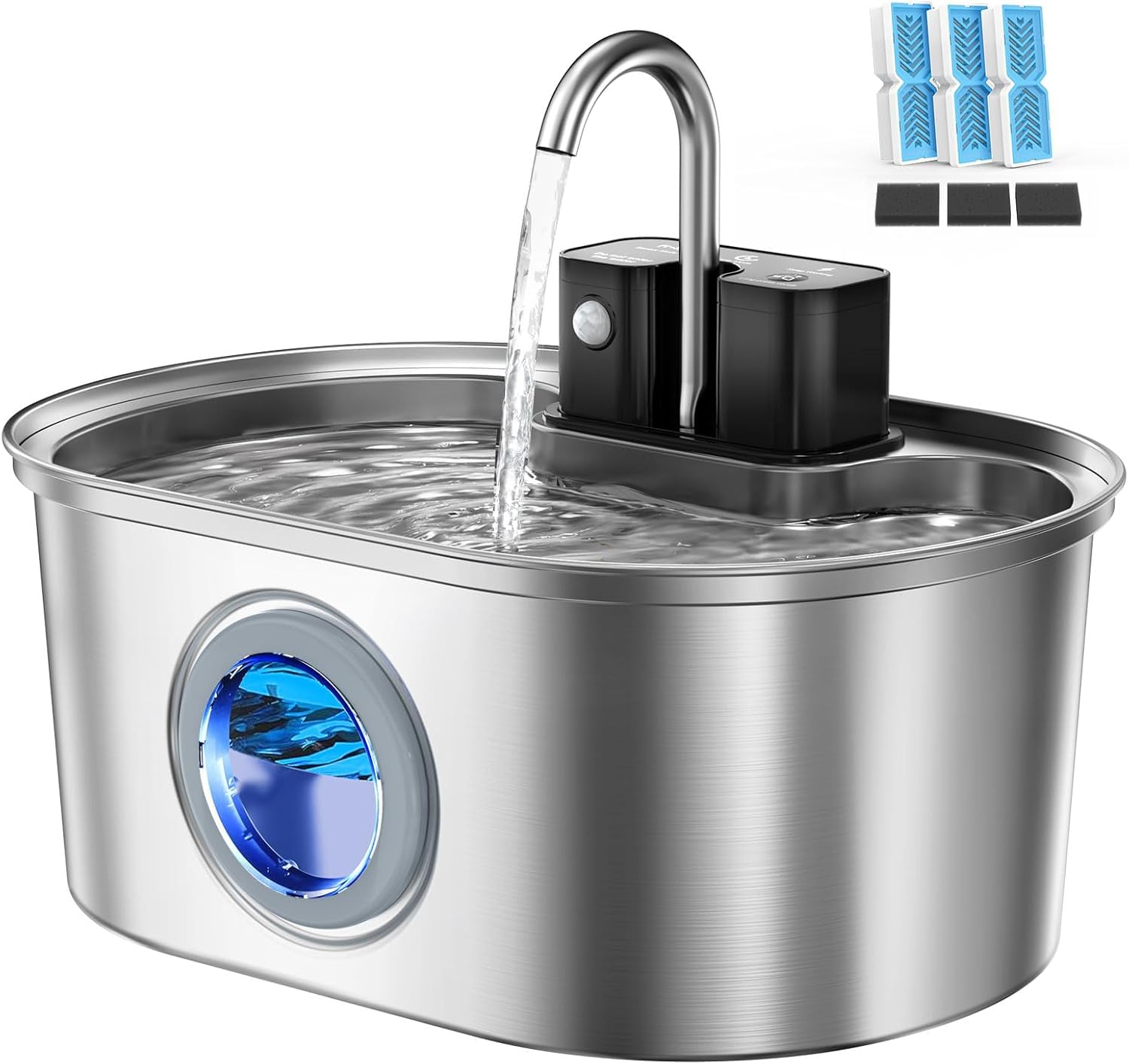 Fontana per gatti senza fili in acciaio inossidabile: fontana a batteria per interni, distributore automatico di acqua con sensore di movimento, pompa ultra silenziosa, Inclusi 3 Filtri di Ricambio