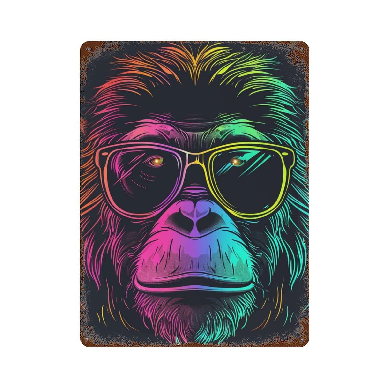 Garage Style Colorful Monkey Sunglasses Art Print Aged Metal Wall Plaque 15.7"x11.8", Novelty Wall Decor for Bar And Workshop