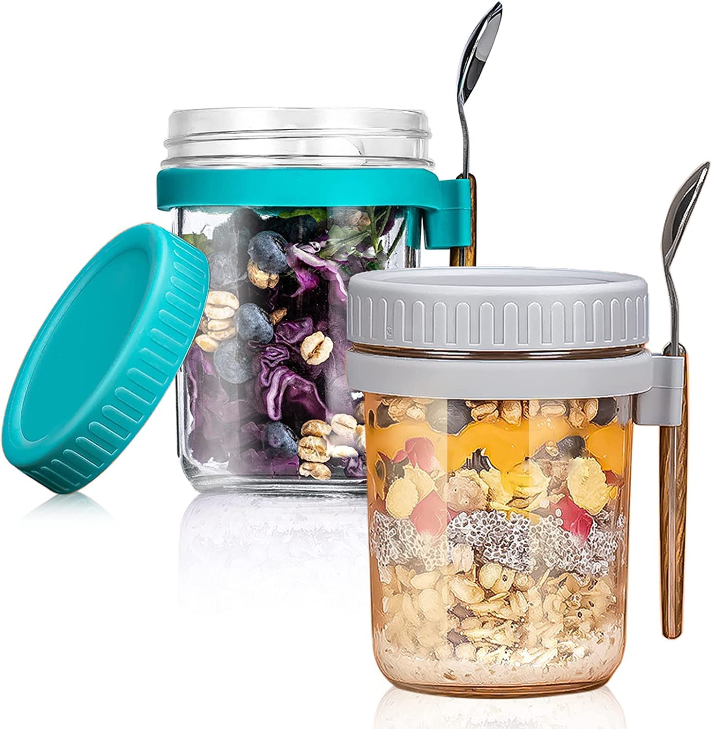 Overnight Oats Containers With Lids and Spoon,10 oz Glass Jar With Lid Set of 2,Reusable On The Go Cups for Salads Yogurt Cereal Milk (green+gray)