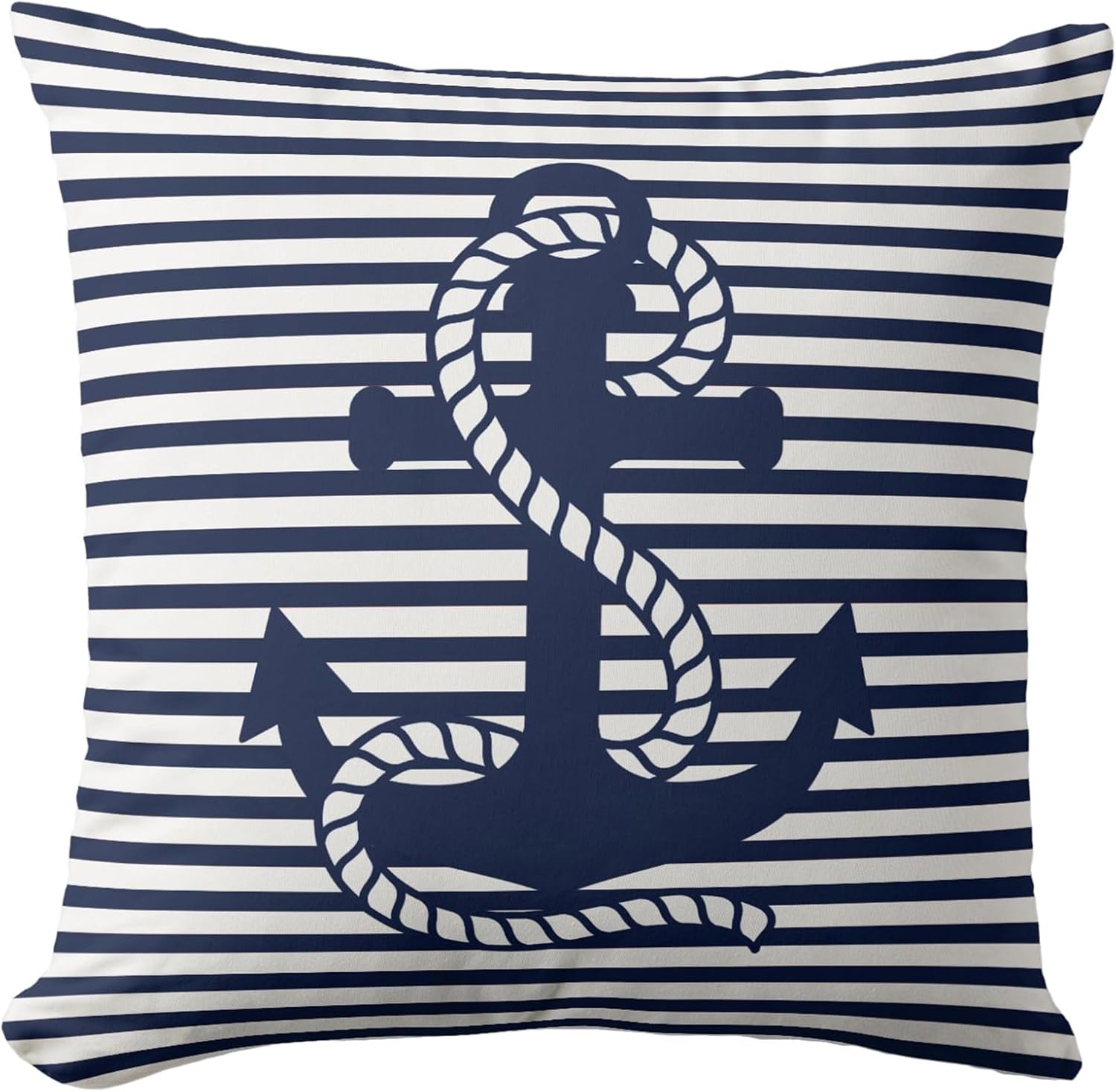 Nautical Navy Blue White Stripes and Blue Anchor Outdoor Pillow Covers 20 x 20inches Square Decorative Pillow Case for Sofa Couch Bed (Pillow Insert Not Include)