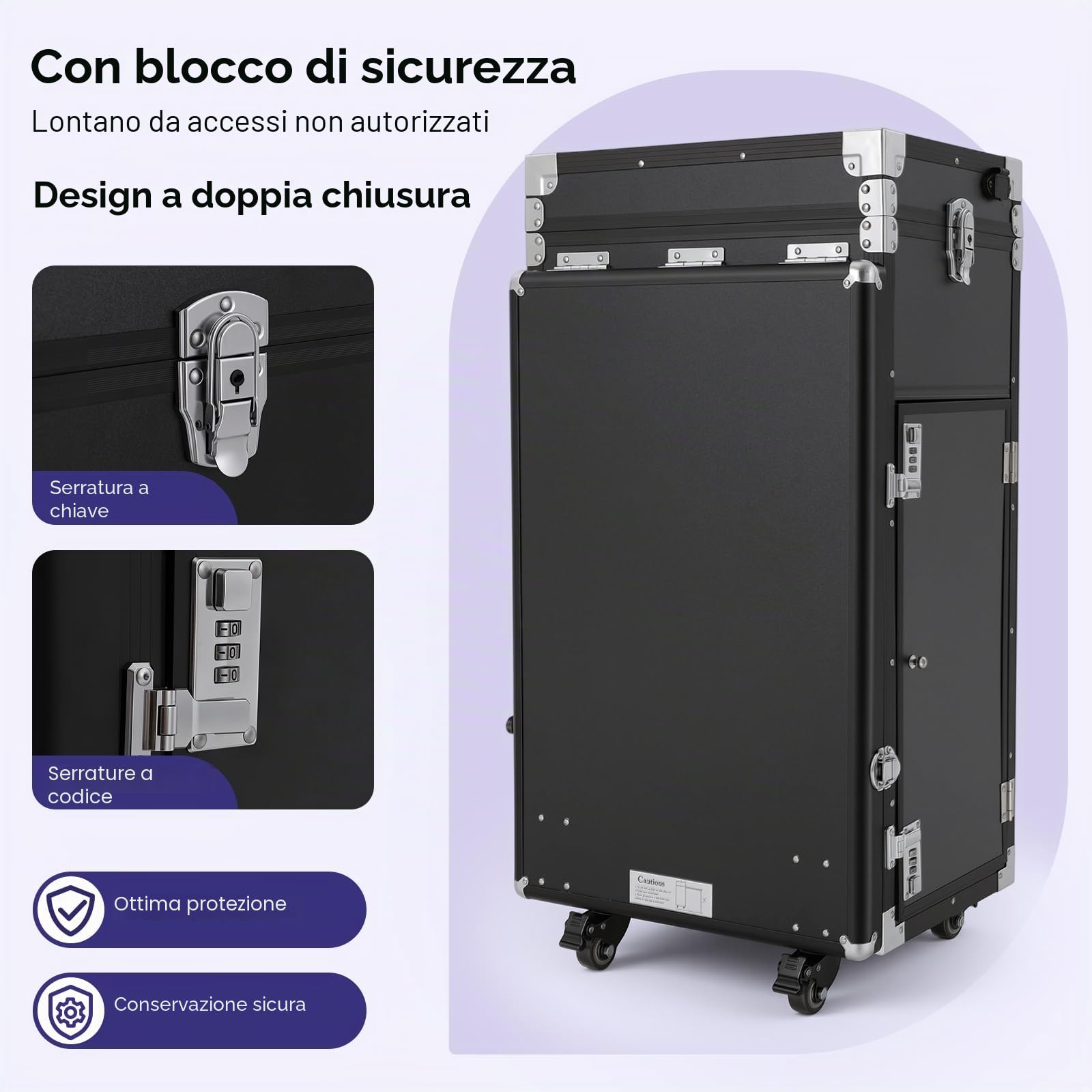 Valigetta per trucco professionale con ruote con tavolo pieghevole e 5 cassetti, custodia per trucco con specchi e altoparlanti Bluetooth, grande custodia per parrucchiere, tavolo per manicure, Nero