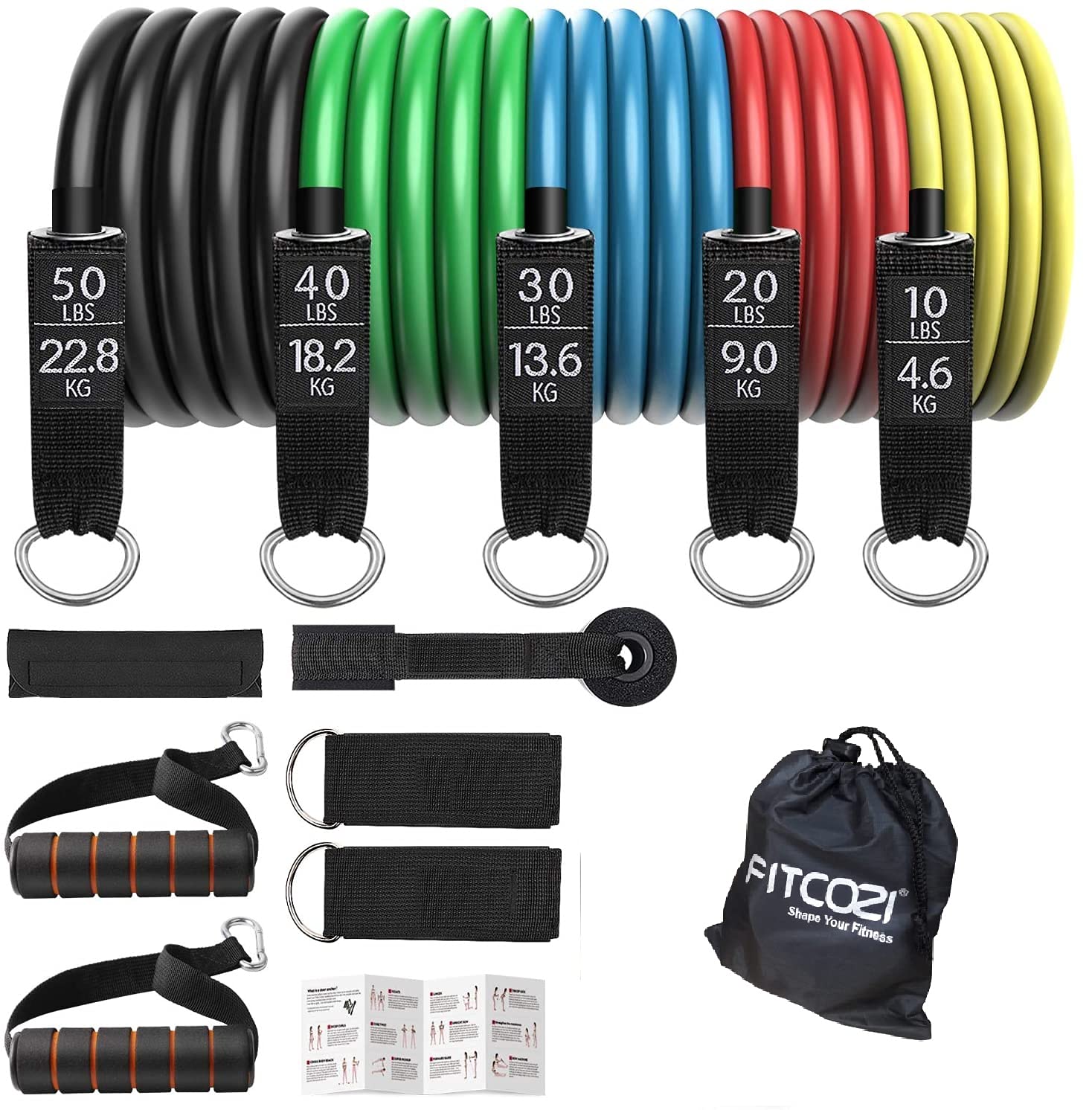 Fitcozi Resistance Band Set of 11 | Portable Exercise Elastic Bands with Exercise Tube Bands, Door Anchor, Ankle Straps, Carry Bag (B097QWQFXV) Amazon Price History, Amazon Price Tracker