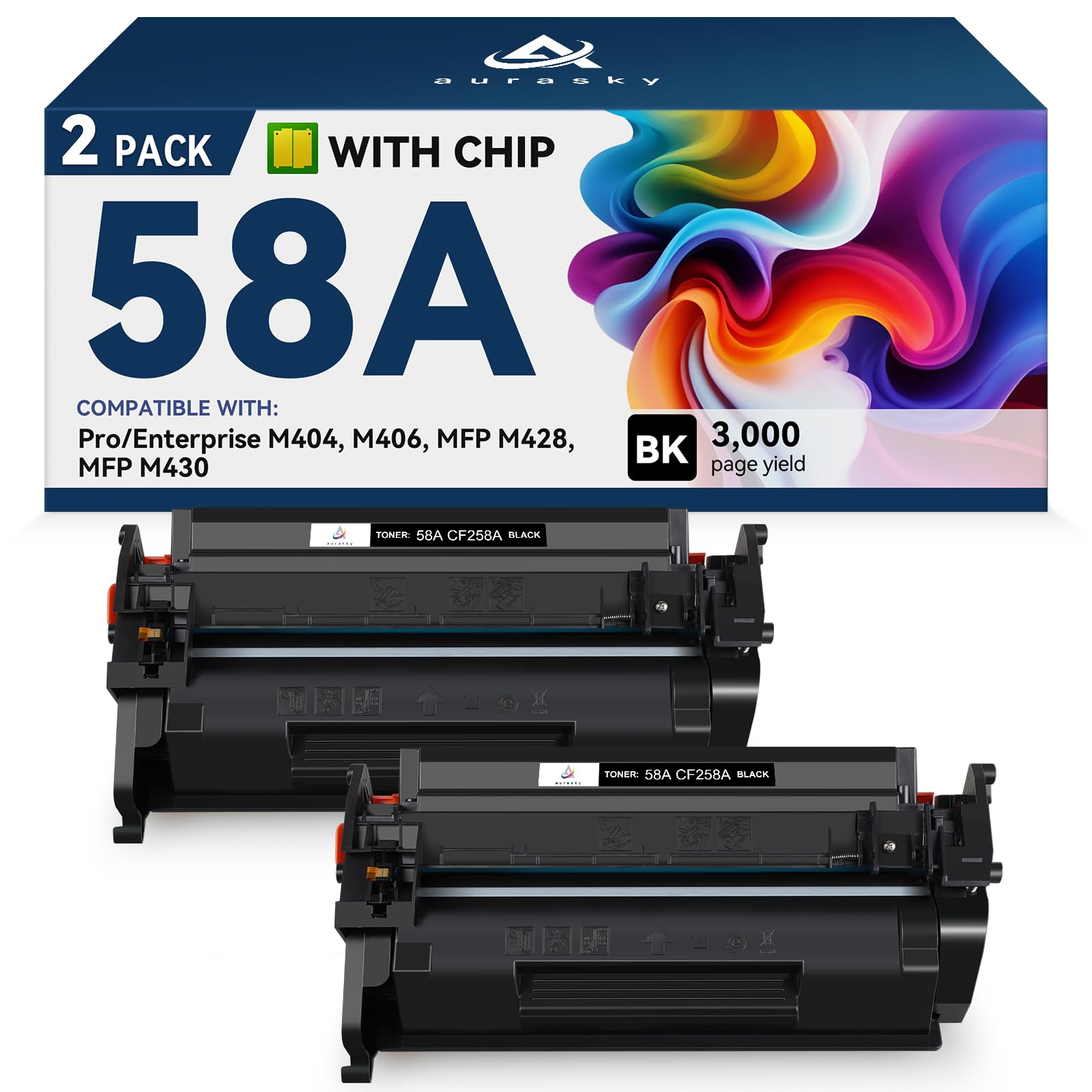 CF258A 58A Toner Cartridge Black Compatible Replacement for 58A CF258A 58X CF258X Toner Works with HP LaserJet Pro MFP M428fdw M404dn M404n M404dw M428fdn M430f M406dn Printer Ink (2 Black with Chip)