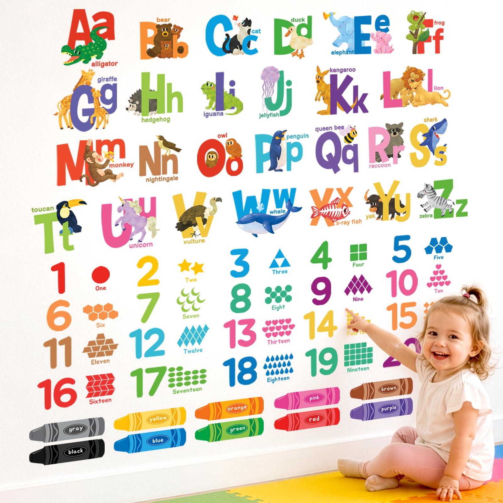 DECOWALL Alphabet Numbers Crayon Wall Stickers Decals Kids Peel and Stick Removable Room Décor Letter ABC 123 Classroom playroom Decorations Educational Bedroom Nursery Living Baby (DS9-8091)