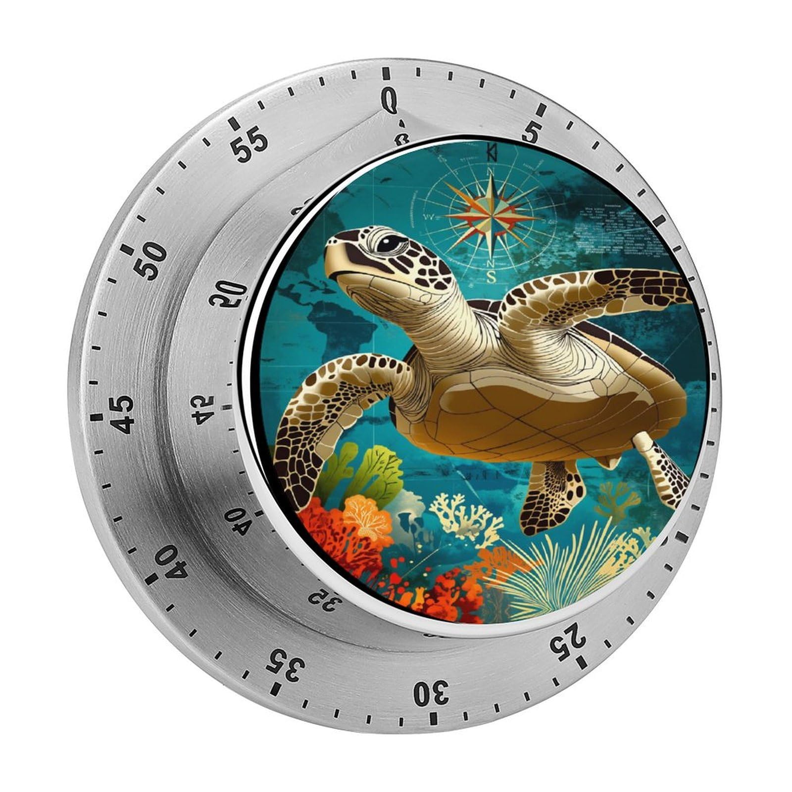 Sea Turtle Compass Nautical 60 Minute Wind Up Timer,Visual Mechanical Magnetic Timer with Loud Alarm for Kitchen