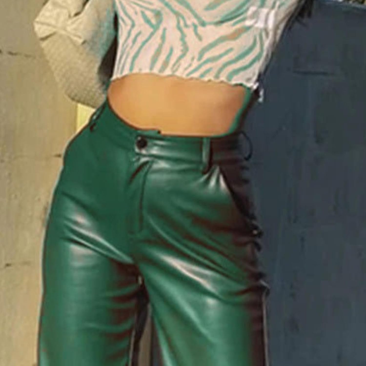 Faux Leather Pants for Women PU High Waist Straight Leg Pants with Pockets Leather Leggings Bell Bottom Flare Pant
