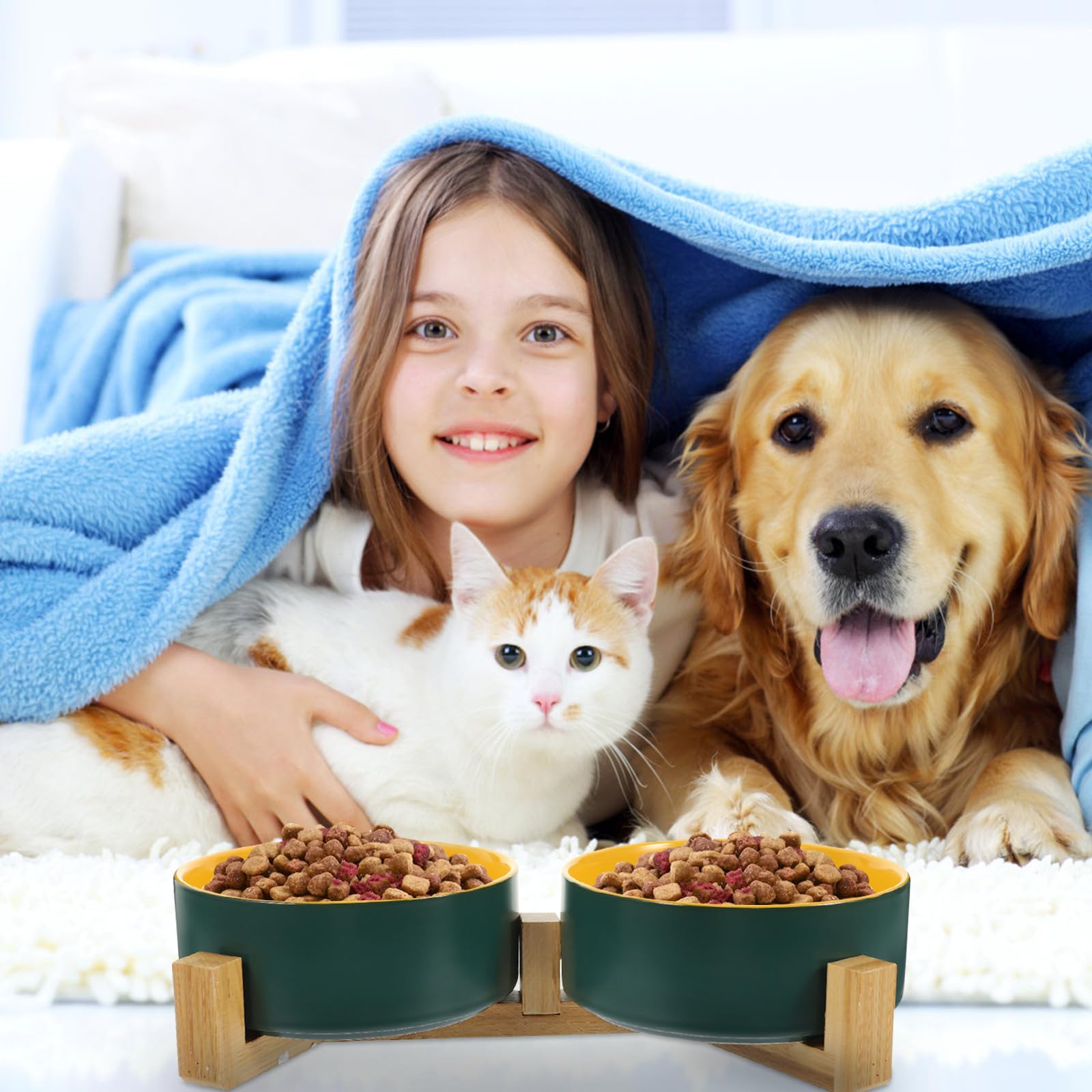Abaodam Gamelle Double en Céramique Mate avec Support en Bois, Bol Pratique pour Chat et Chien, Anti-Renversement et Facile à Laver pour Toute Occasion