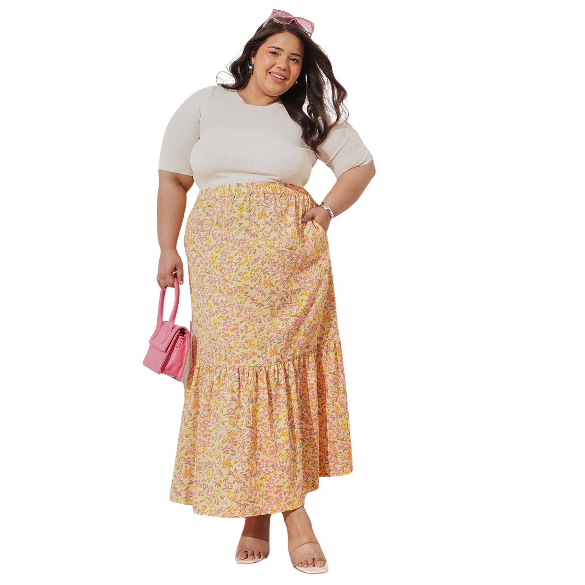 Tiered Skirt Maxi Tiered S Yellow Women Maxi Skirt, Layered Style with Elastic Waistband | SKT000010919-image-9