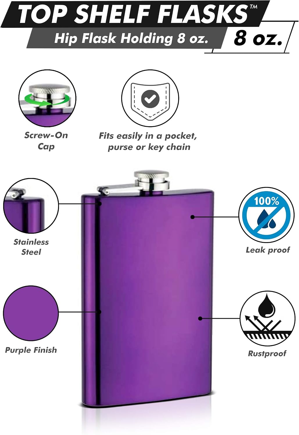 8oz Stainless Steel Hip Flask, Purple
