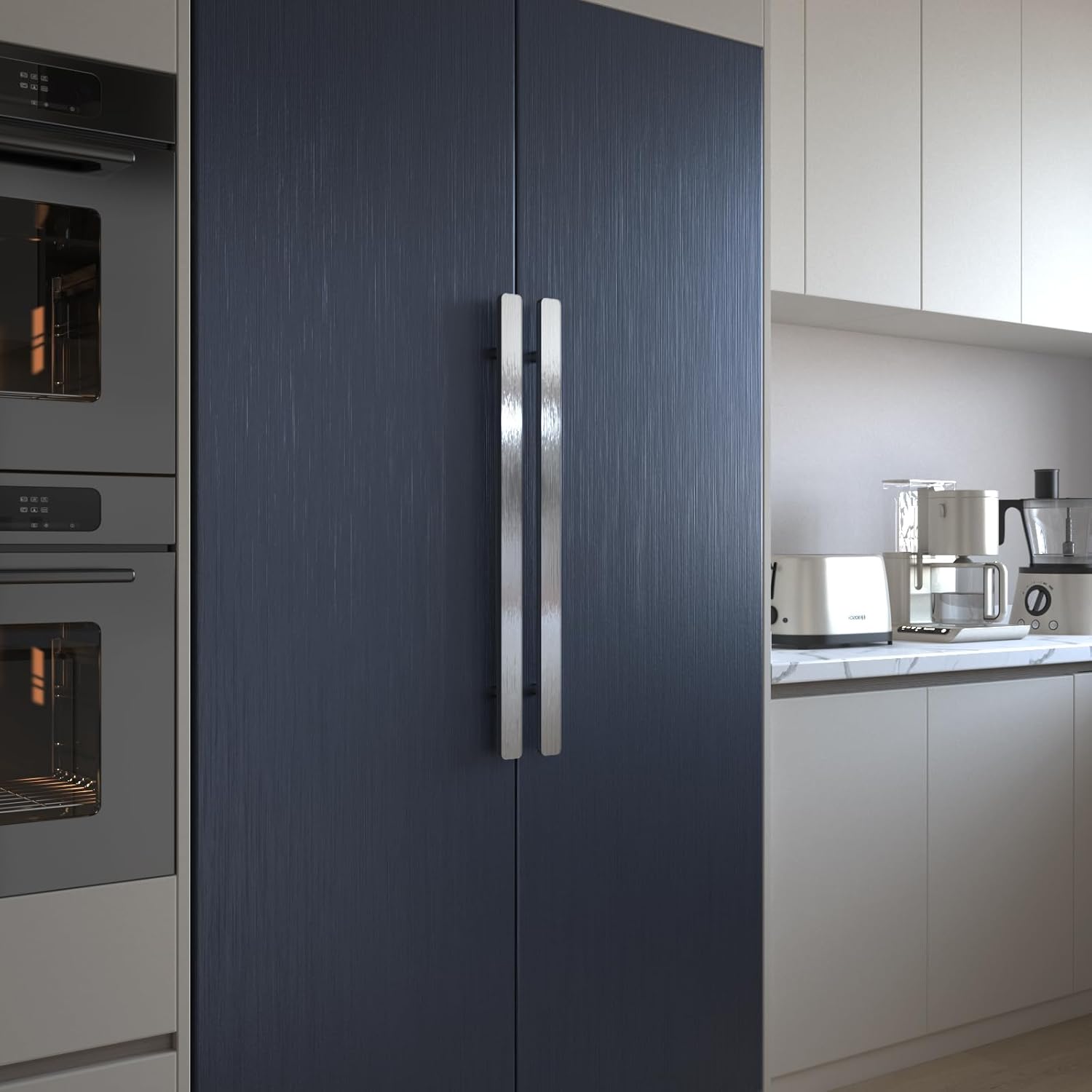 VEELIKE Brushed Navy Blue Stainless Steel Contact Paper for Appliances Refrigerator 32''x118'' Kitchen Countertop Peel and Stick Waterproof Fridge Wrap Blue Metallic Wallpaper Self Adhesive Vinyl Roll