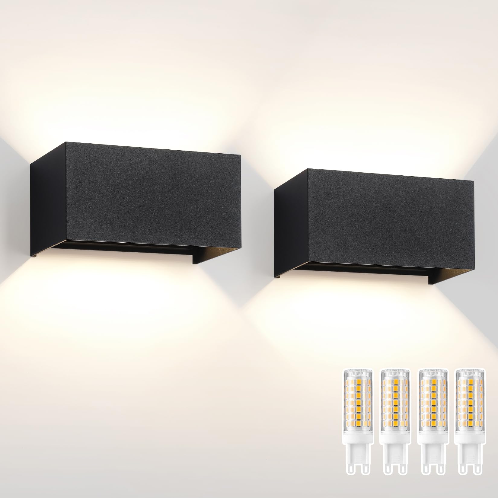 2 Pezzi Lampada da Parete Esterno/Interno con Lampadina G9 Sostituibile IP65 impermeabile Applique da Parete Esterne Alluminio Angolo del Fascio Regolabile Retangolo Nero, 4000K Luce Naturale