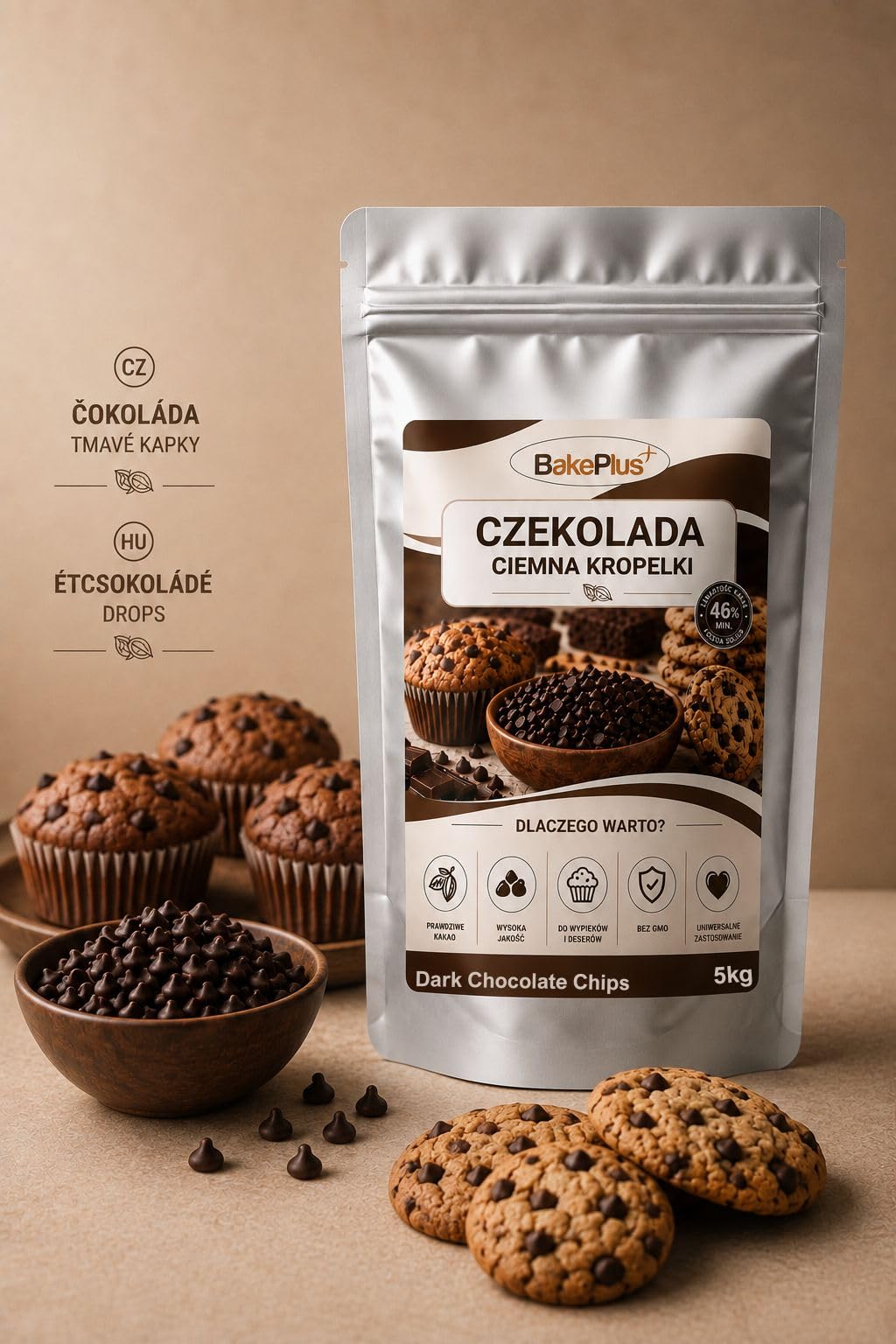 Czekolada Ciemna KROPELKI BakePlus do Zapiekania – Min. 46% Kakao – Czekolada Deserowa do Ciast, Muffinek, Ciasteczek i Słodkich Wypieków