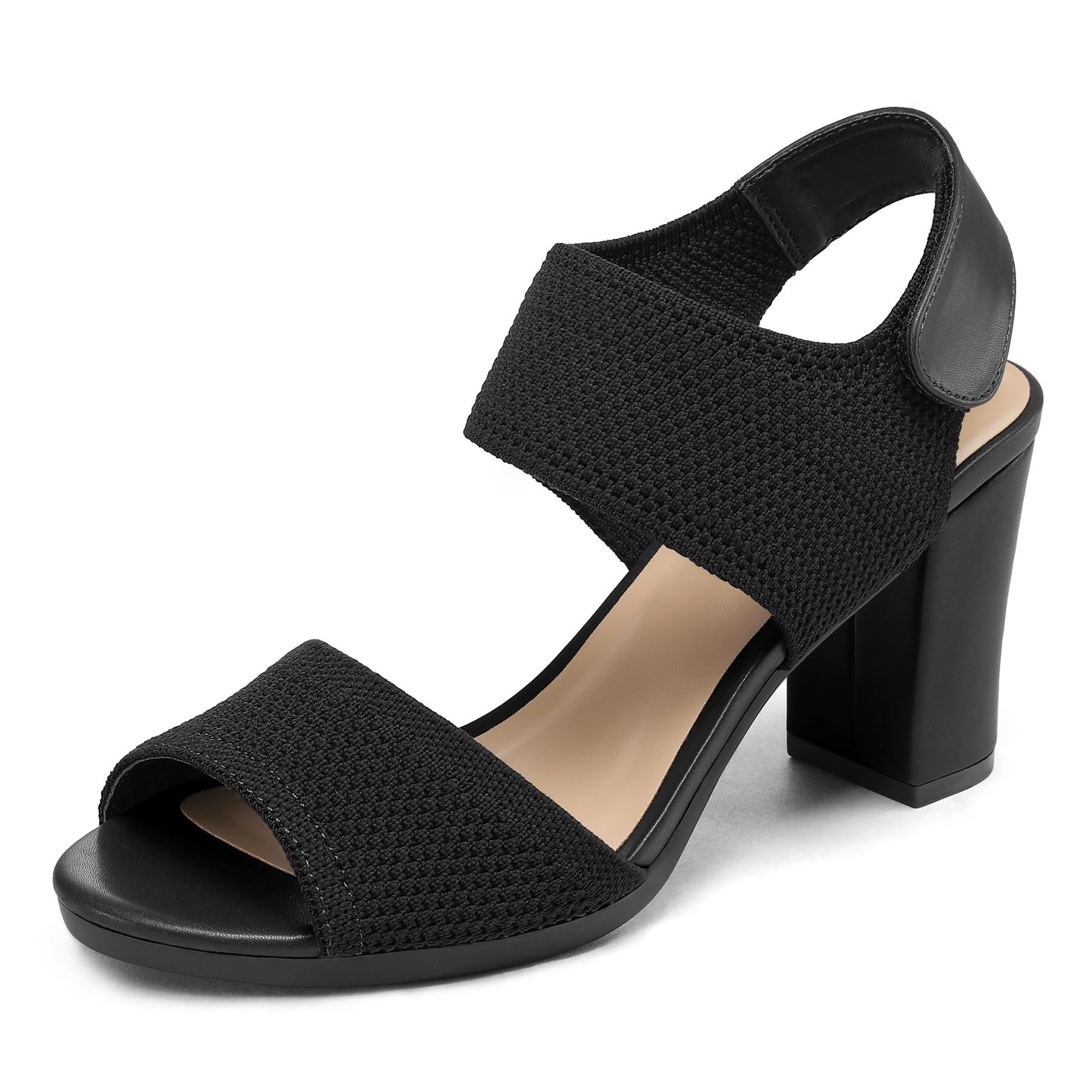 mysoft Women's Chunky Block High Heels Elastic Knit Open Toe Slingback Heeled Sandals