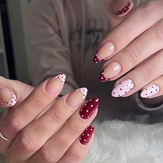 24 Stk Press on Nails Kurz, Rote Polka Dot Fake Nails Mandel Nagel Zum Aufkleben fur Frauen, Madchen fur Partys, Tagliches Tragen, Dating (Rosa Rot)