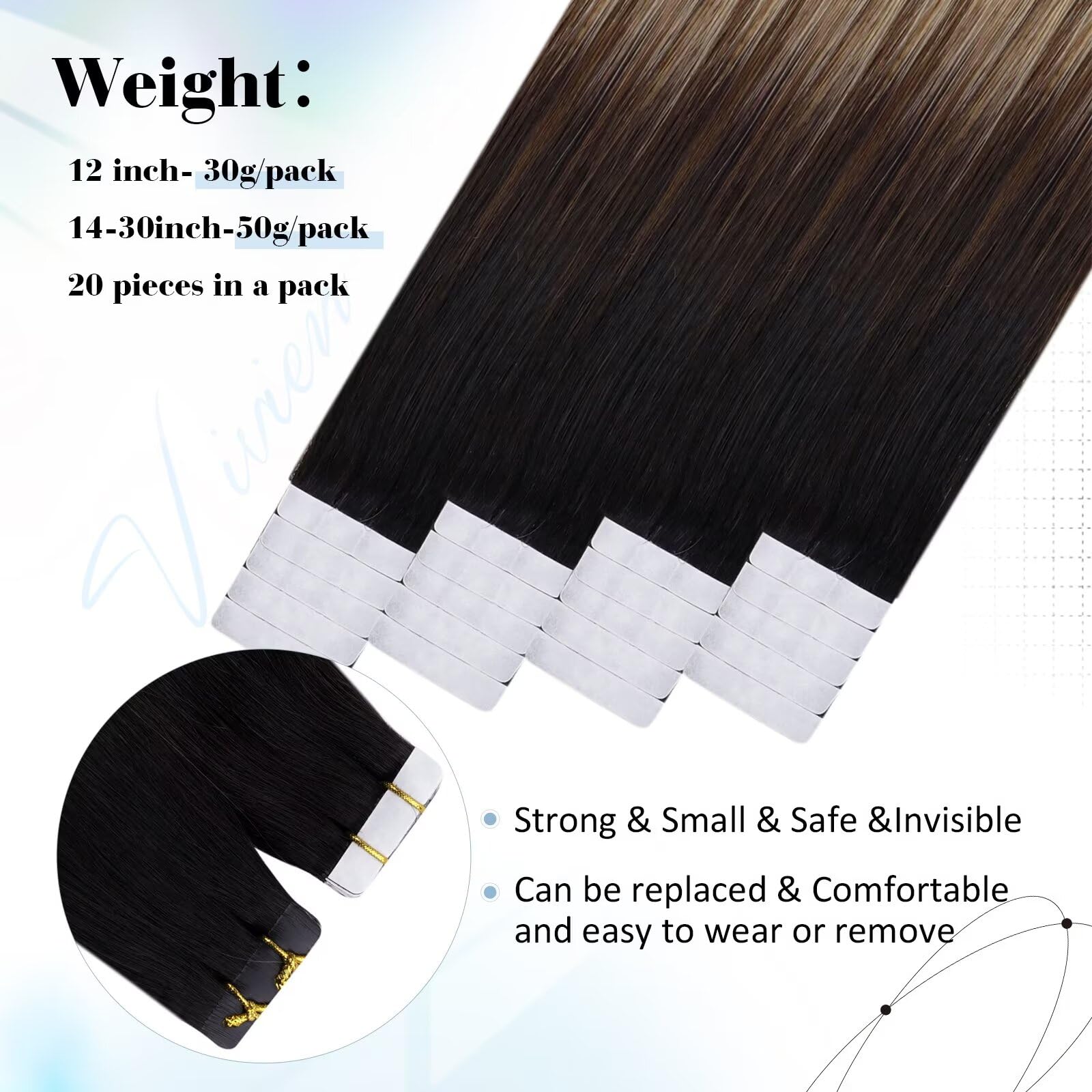 Vivien Capelli Biadesive Extension Veri Tape Capelli Extensions Balayage Nero Naturale Che Ombre Marrone E Biondo Biadesive Extension Capelli Veri #1B/4/27 55cm 50g 20PCS